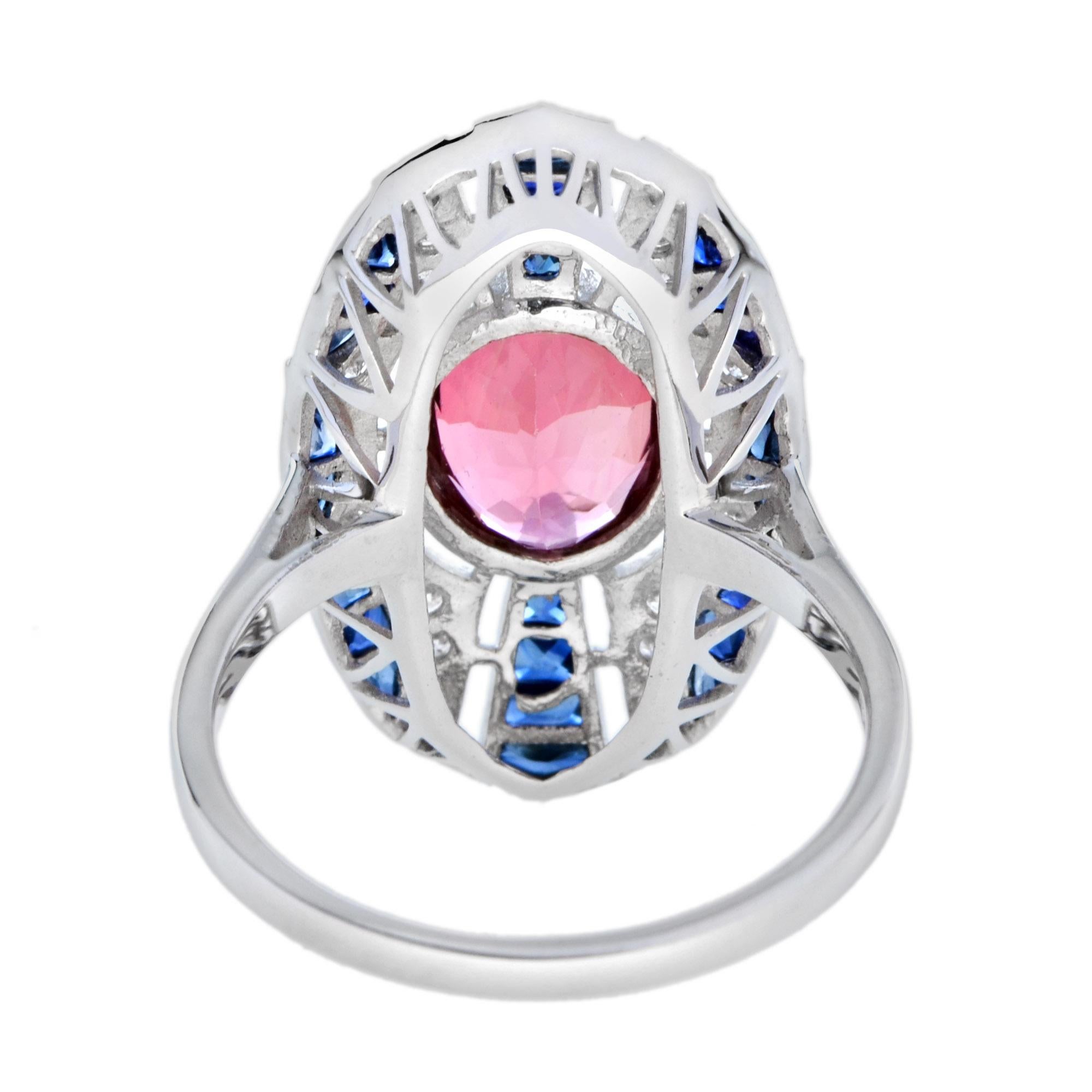 Women's Pink Tourmaline Blue Sapphire Diamond Art Deco Style Dinner Ring in White Gold For Sale