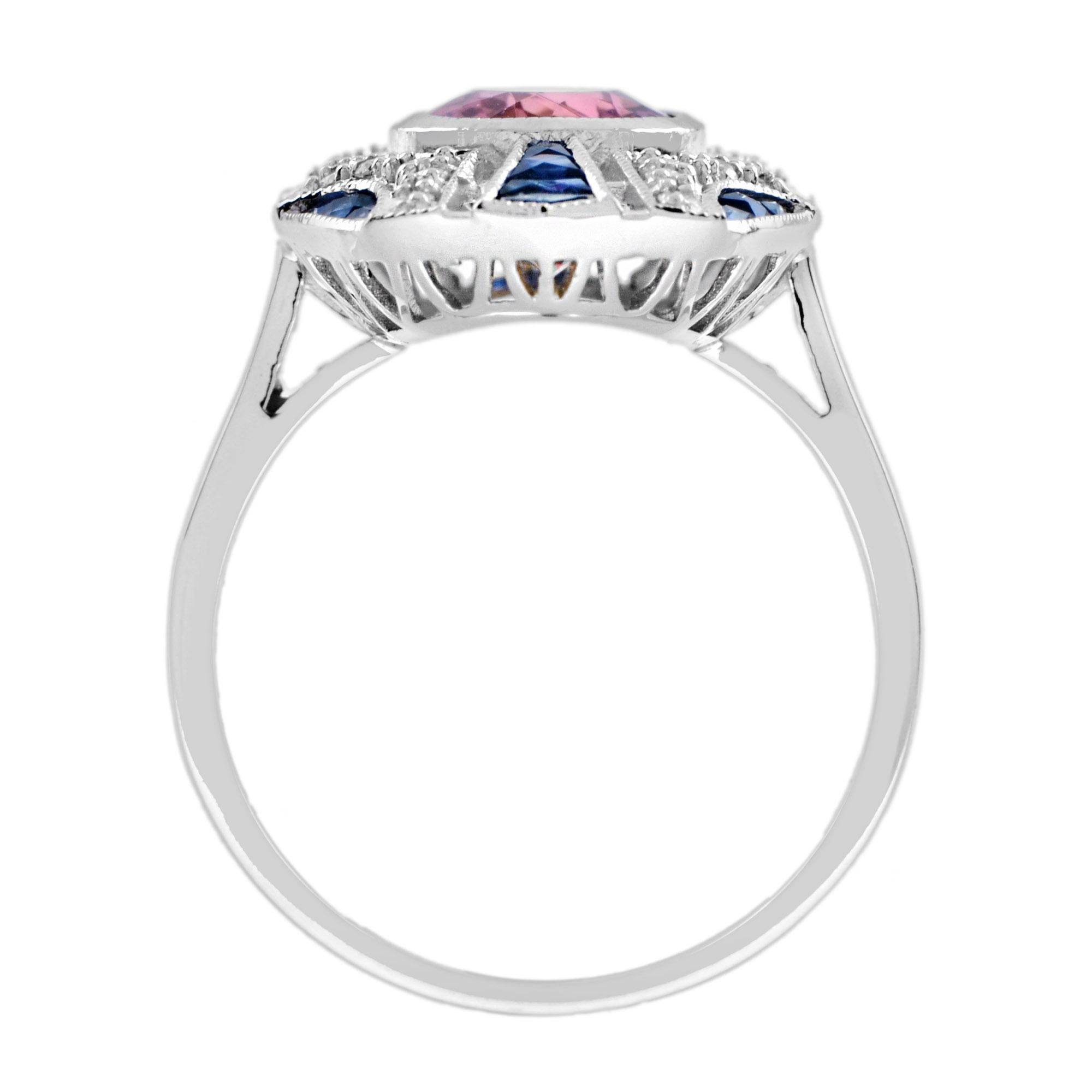 Pink Tourmaline Blue Sapphire Diamond Art Deco Style Dinner Ring in White Gold For Sale 1