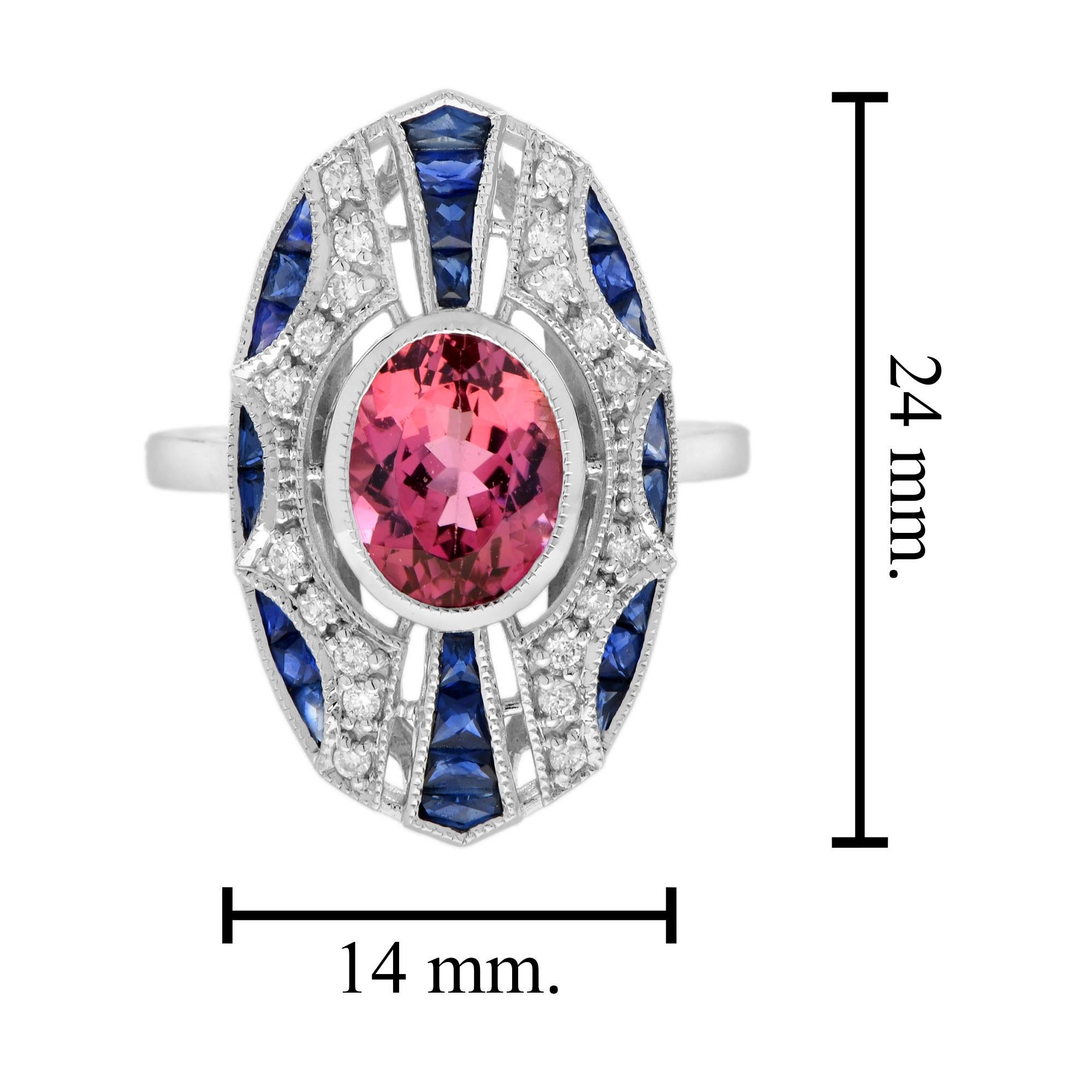 Pink Tourmaline Blue Sapphire Diamond Art Deco Style Dinner Ring in White Gold For Sale 2