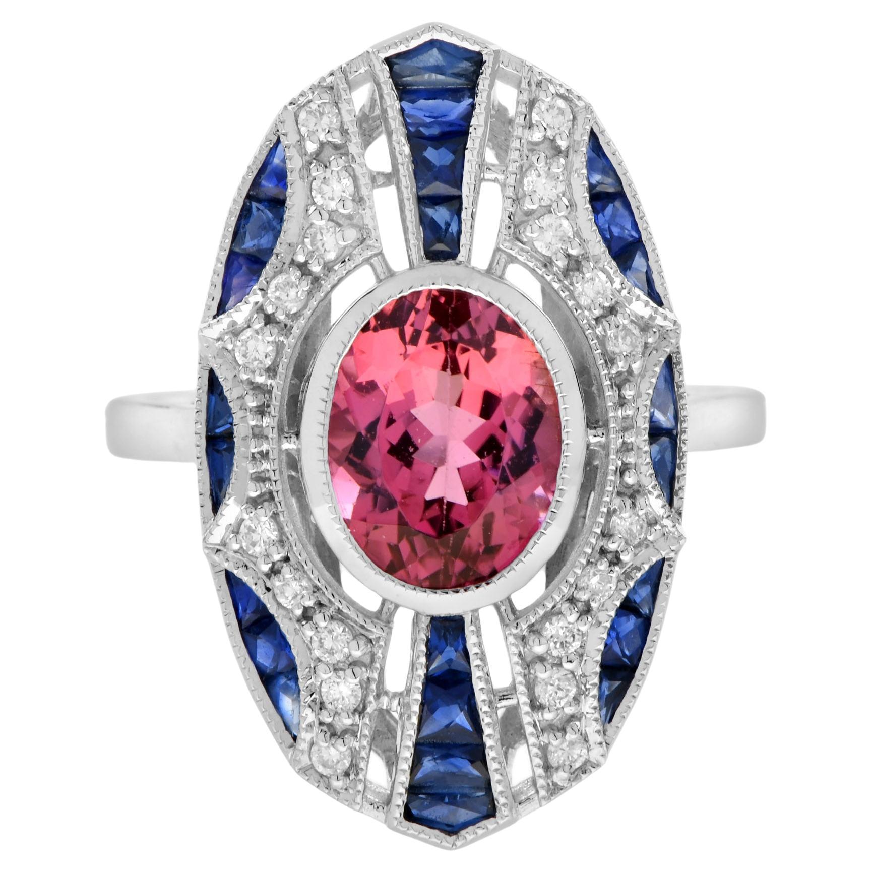 Pink Tourmaline Blue Sapphire Diamond Art Deco Style Dinner Ring in White Gold For Sale