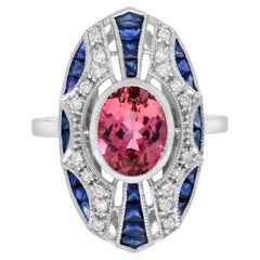Pink Tourmaline Blue Sapphire Diamond Art Deco Style Dinner Ring in White Gold