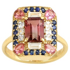 Pink Tourmaline & Blue Sapphire Ring Accented With Diamonds In 14k Yellow Gold