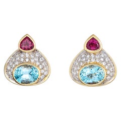 Pink Tourmaline Blue Topaz Earrings Vintage 18k Yellow Gold Diamond Fine Jewelry