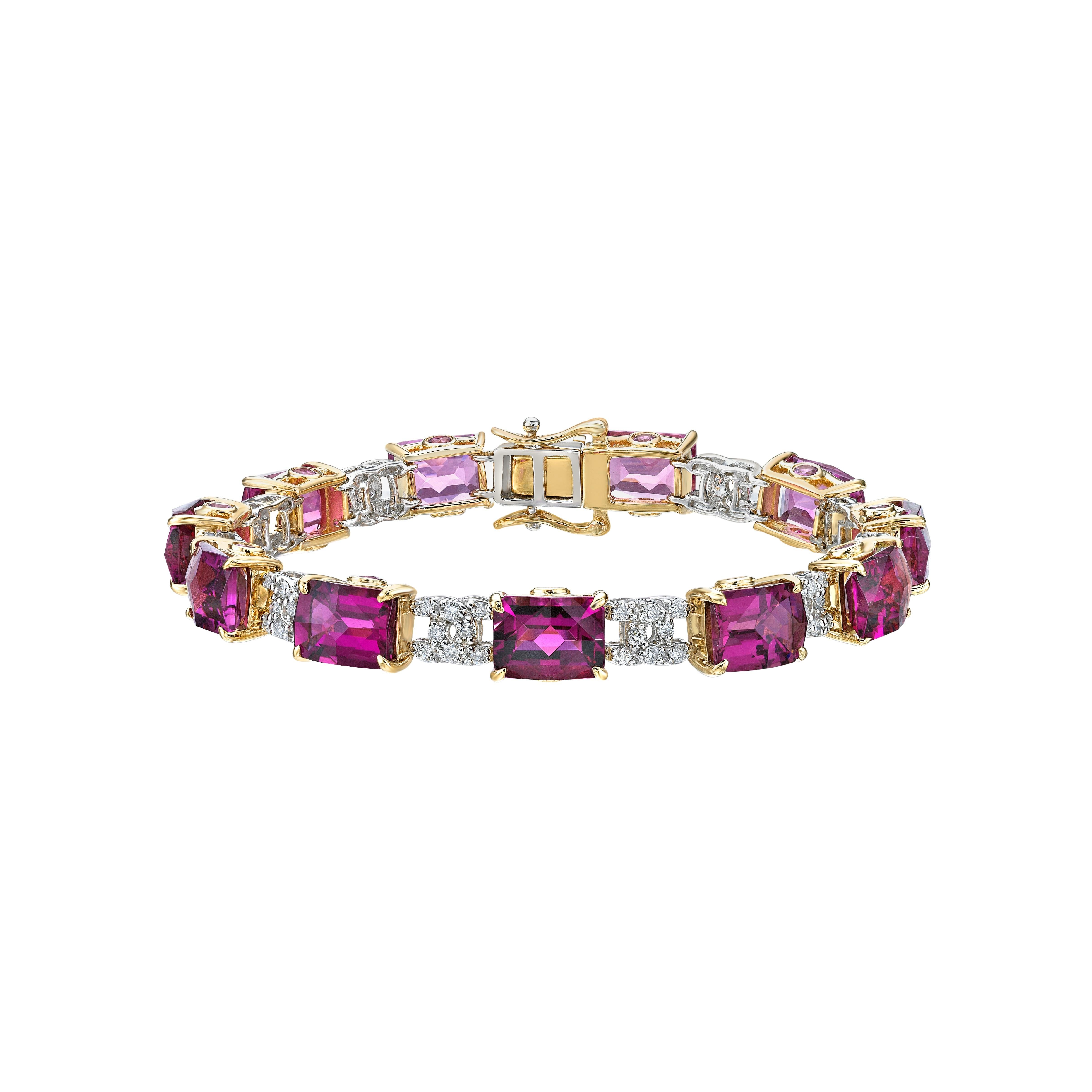 Contemporary Pink Tourmaline Bracelet in 18 Karat Yellow and White Gold with White Diamond For Sale