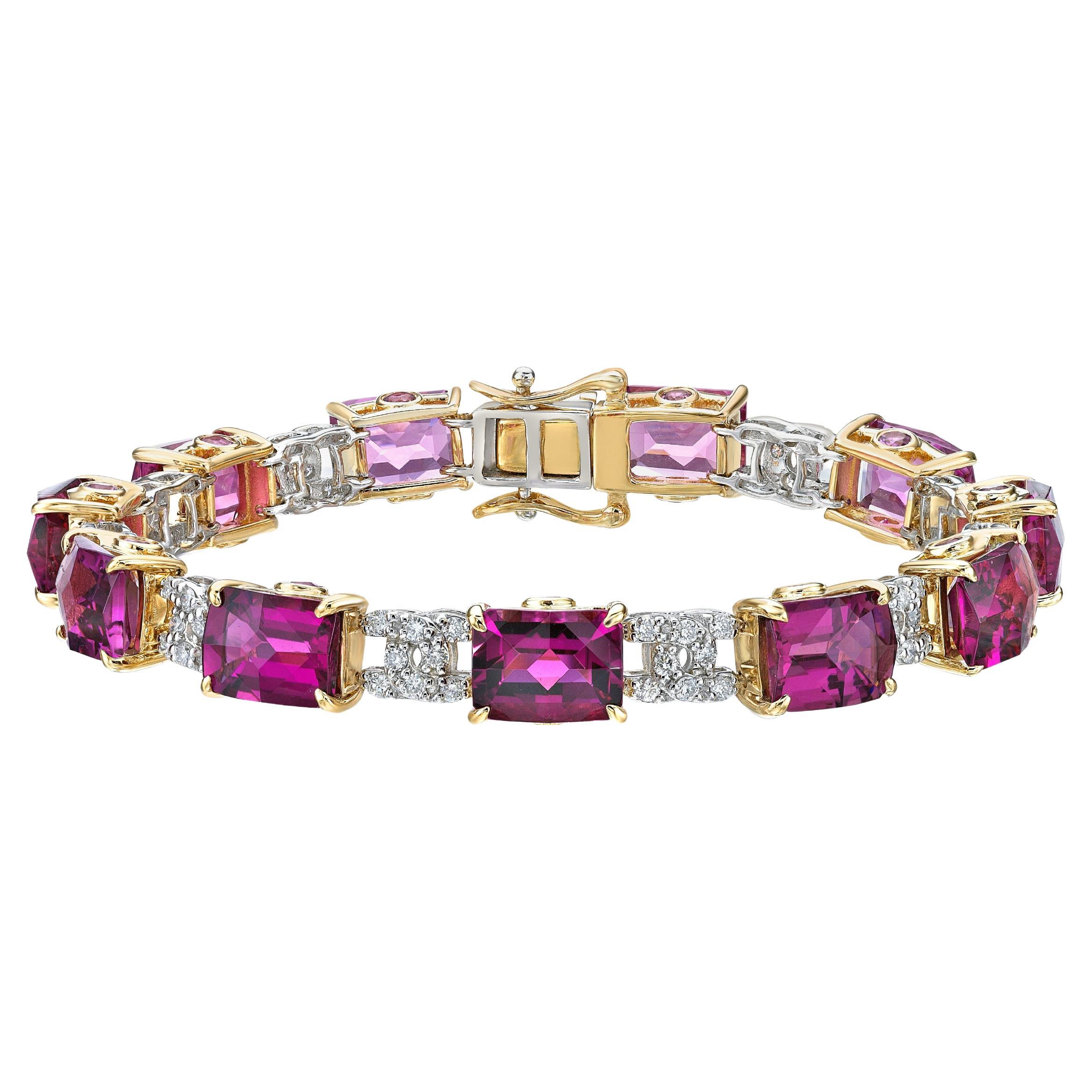 Pink Tourmaline Bracelet in 18 Karat Yellow and White Gold with White Diamond For Sale