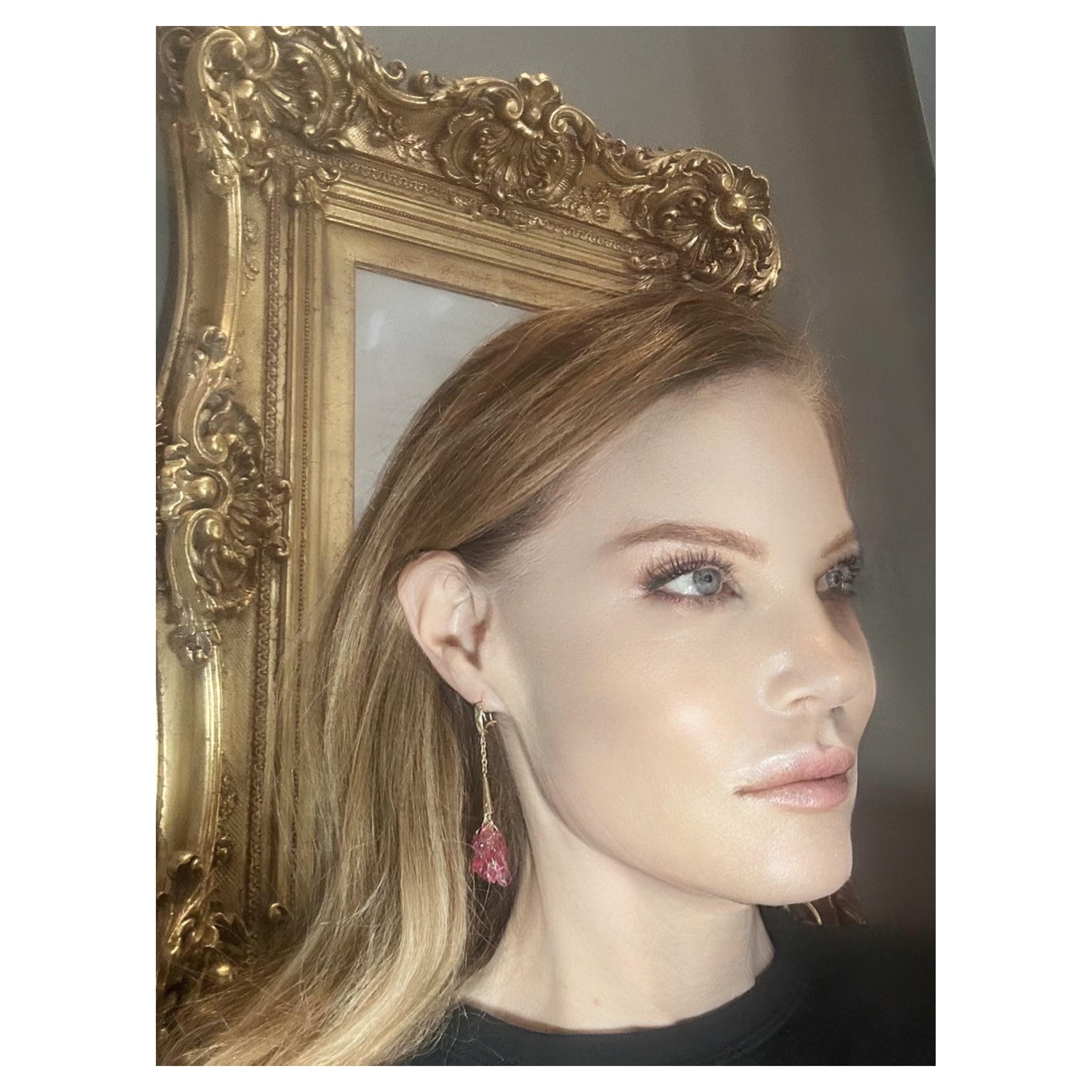 Pink Tourmaline Briolette Cut Stones and Yellow Gold Fine and Colorful Earrings