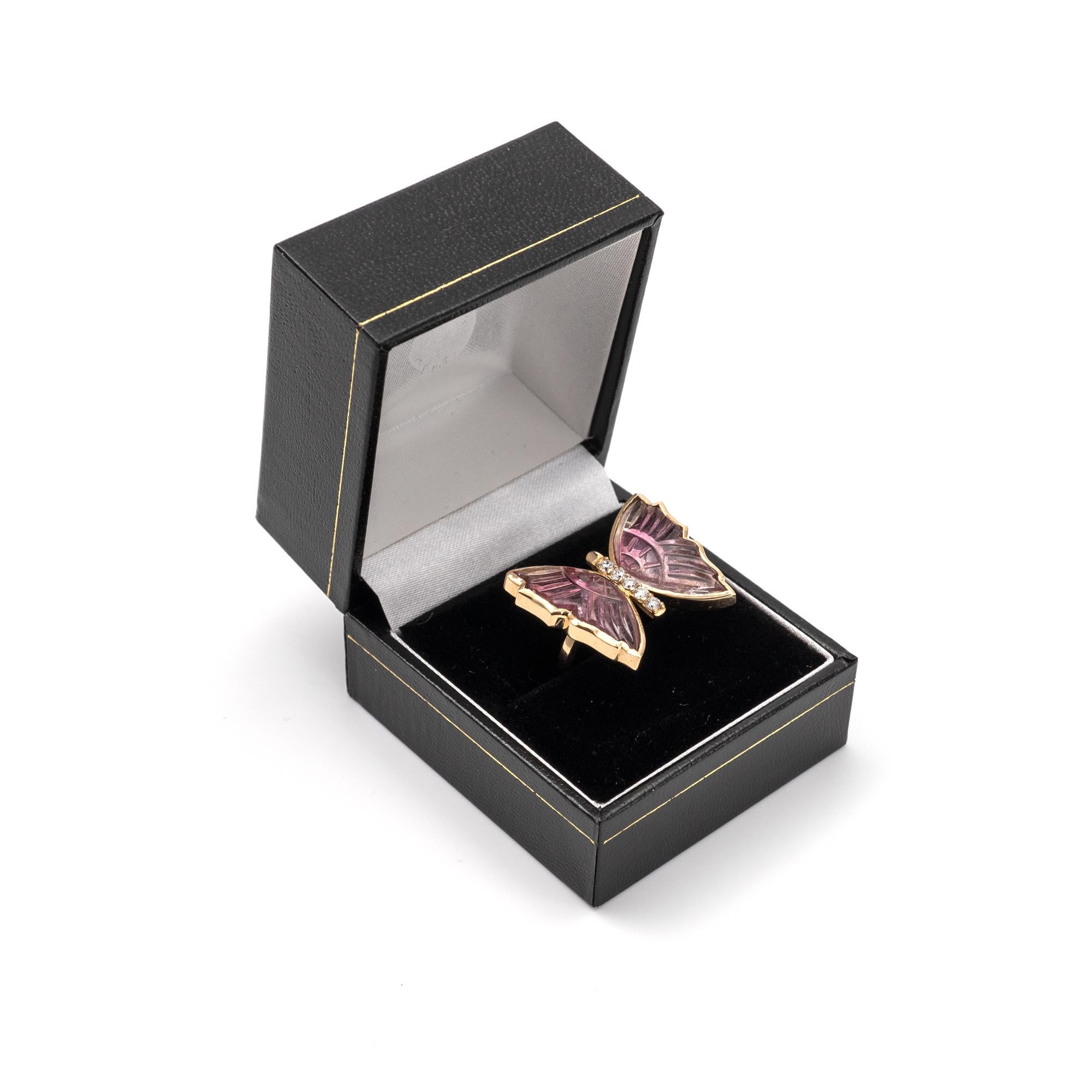 Pink Tourmaline Butterfly Ring with Diamonds, Crafted in 14 Karat Yellow Gold 4