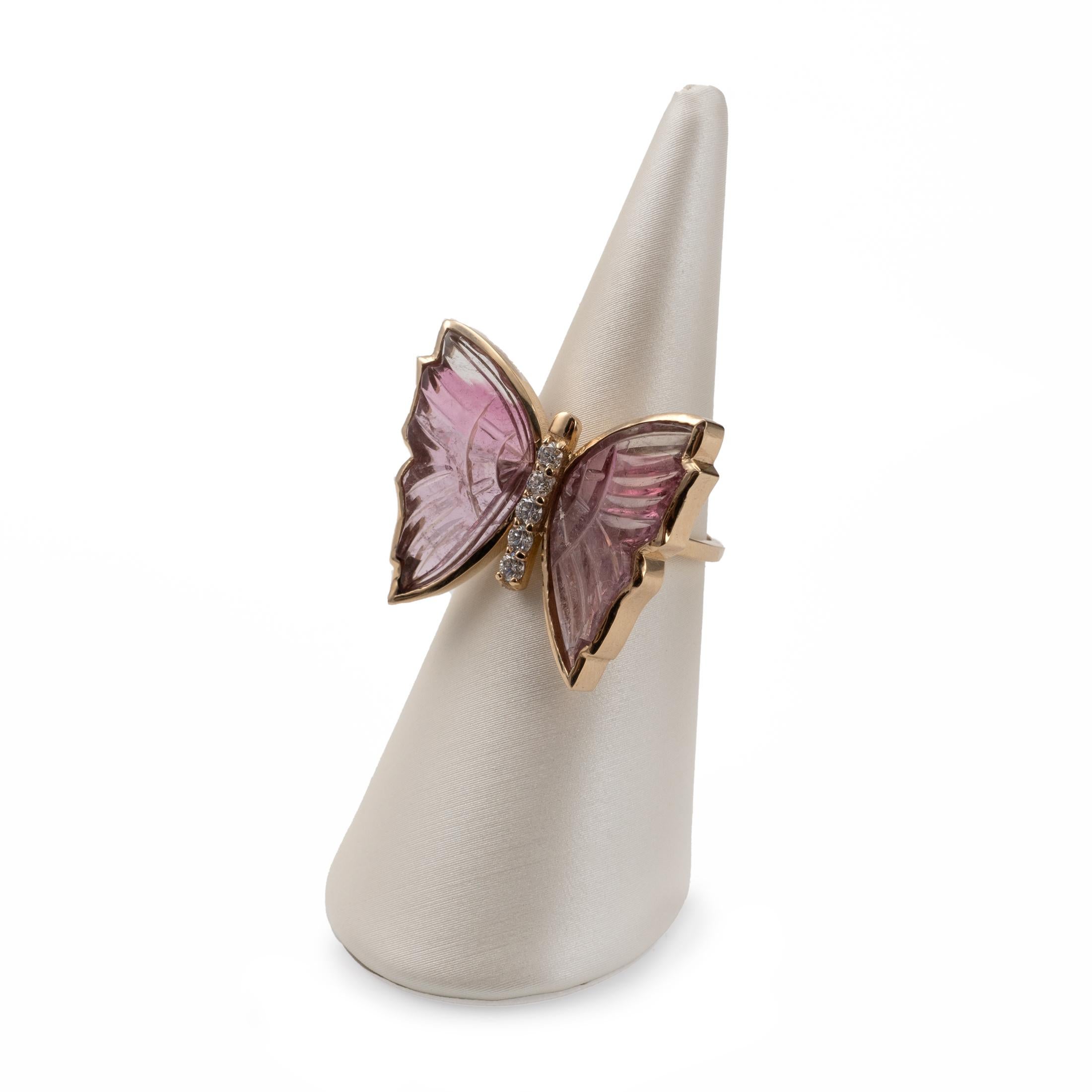 Artisan Pink Tourmaline Butterfly Ring with Diamonds, Crafted in 14 Karat Yellow Gold