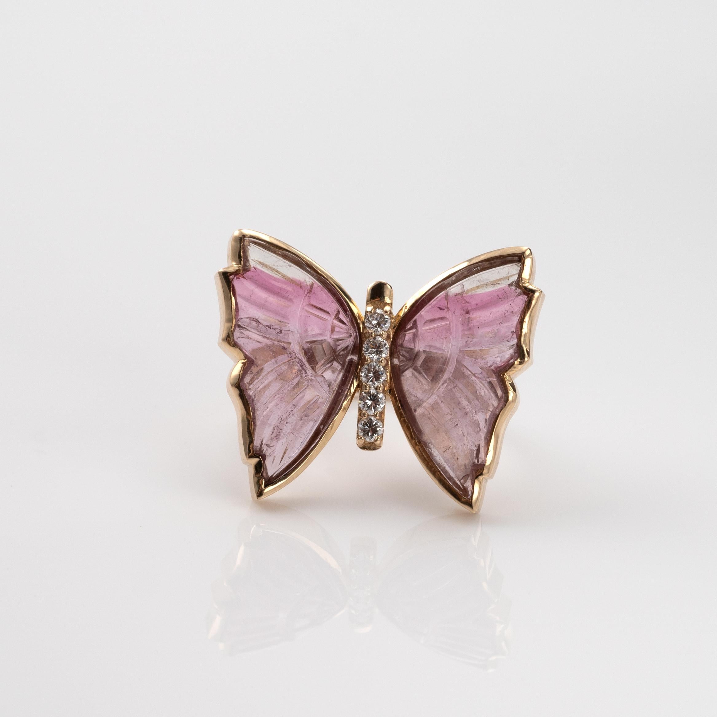 Round Cut Pink Tourmaline Butterfly Ring with Diamonds, Crafted in 14 Karat Yellow Gold