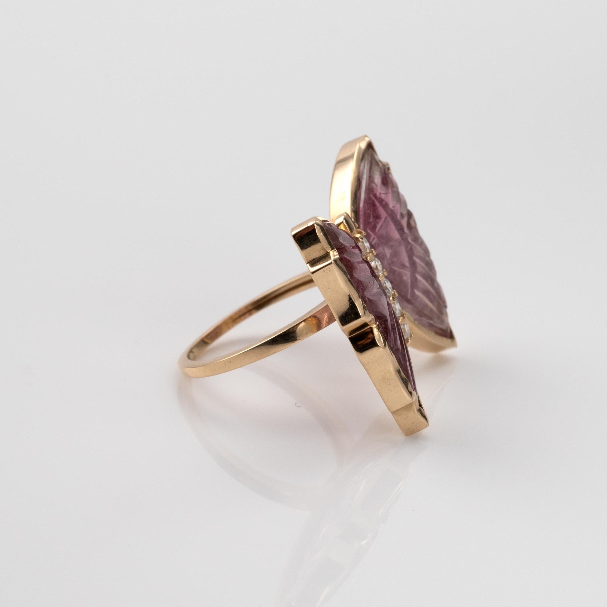 Pink Tourmaline Butterfly Ring with Diamonds, Crafted in 14 Karat Yellow Gold In New Condition In Preston, Lancashire