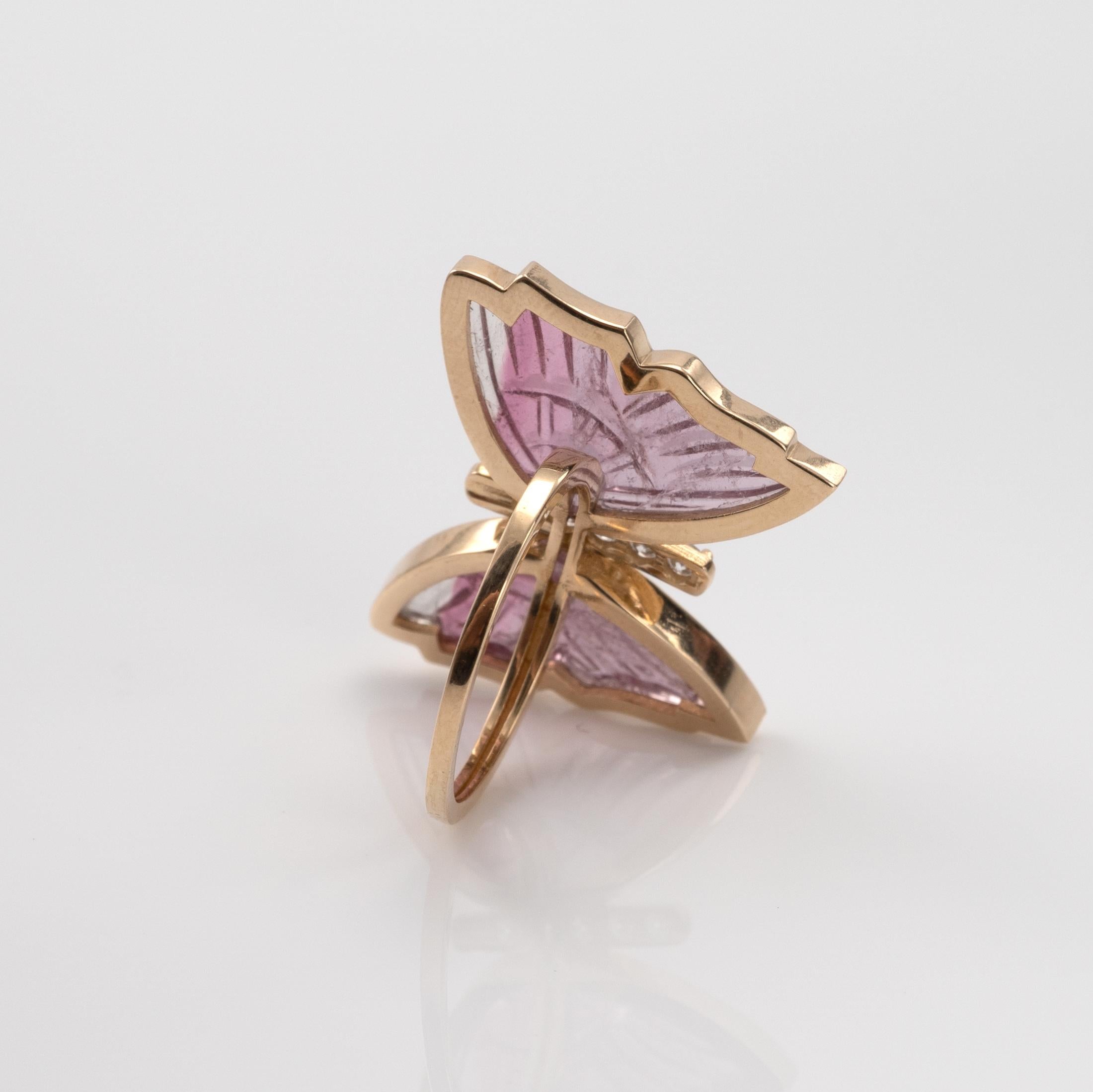 Women's Pink Tourmaline Butterfly Ring with Diamonds, Crafted in 14 Karat Yellow Gold