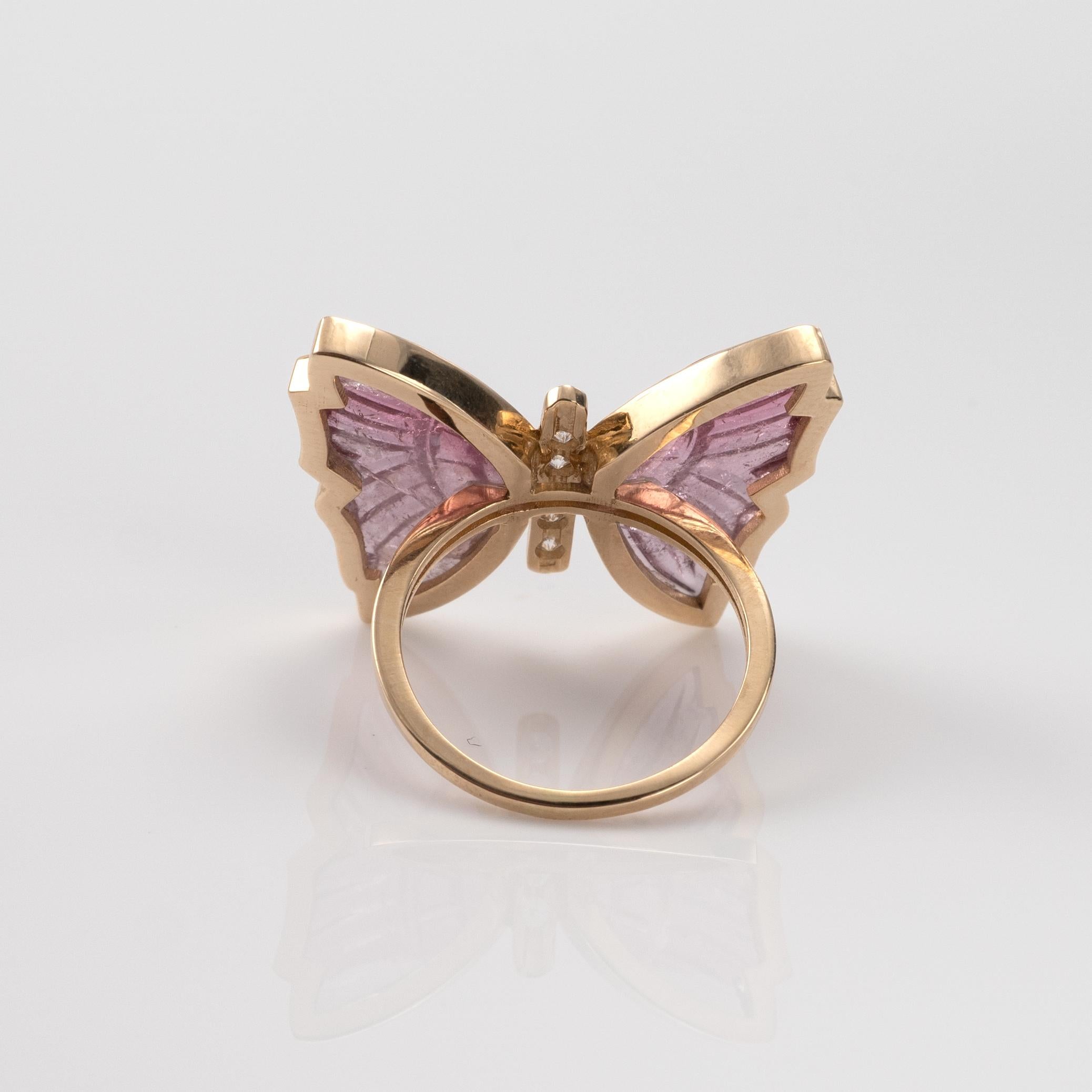 Pink Tourmaline Butterfly Ring with Diamonds, Crafted in 14 Karat Yellow Gold 1