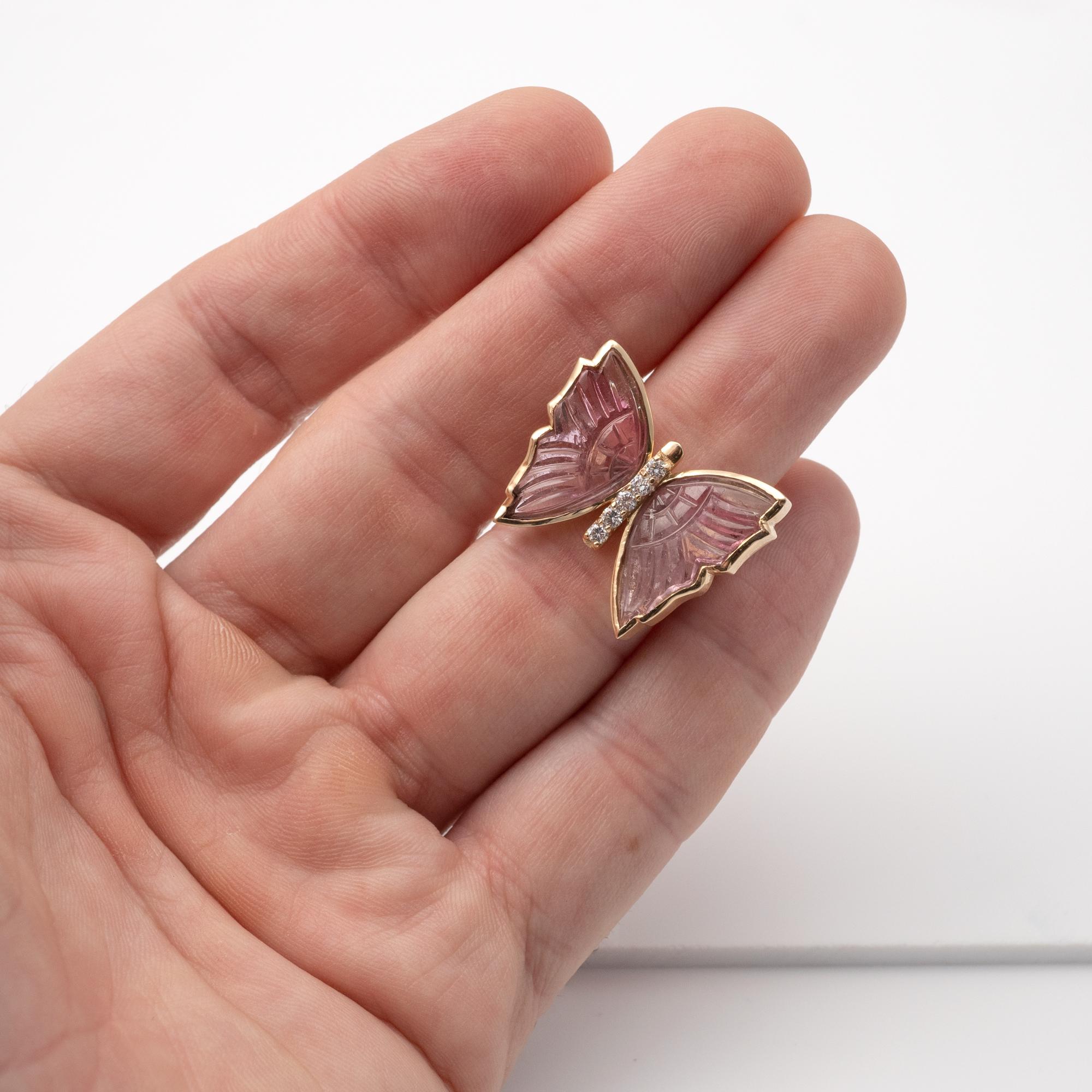 Pink Tourmaline Butterfly Ring with Diamonds, Crafted in 14 Karat Yellow Gold 3