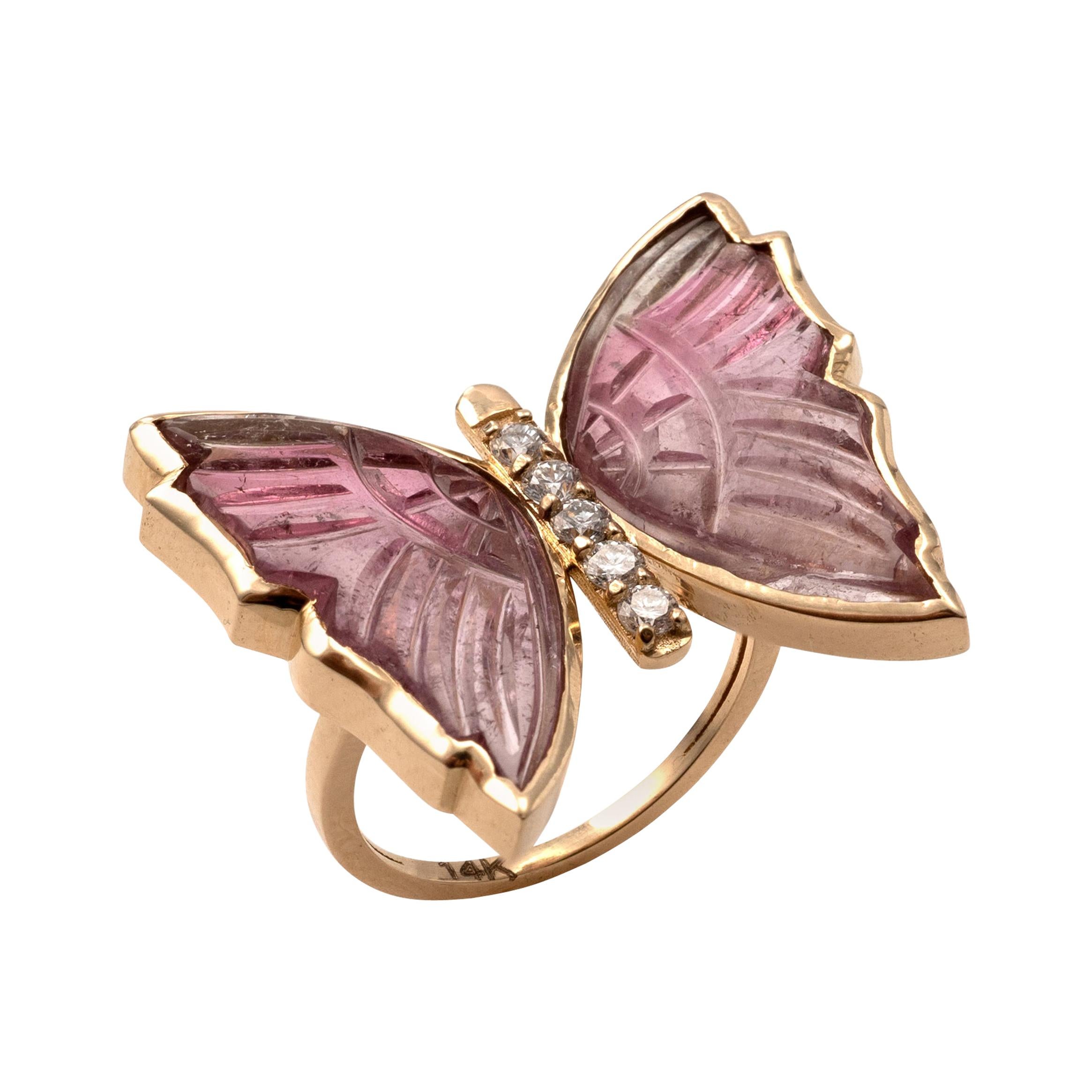 Pink Tourmaline Butterfly Ring with Diamonds, Crafted in 14 Karat Yellow Gold