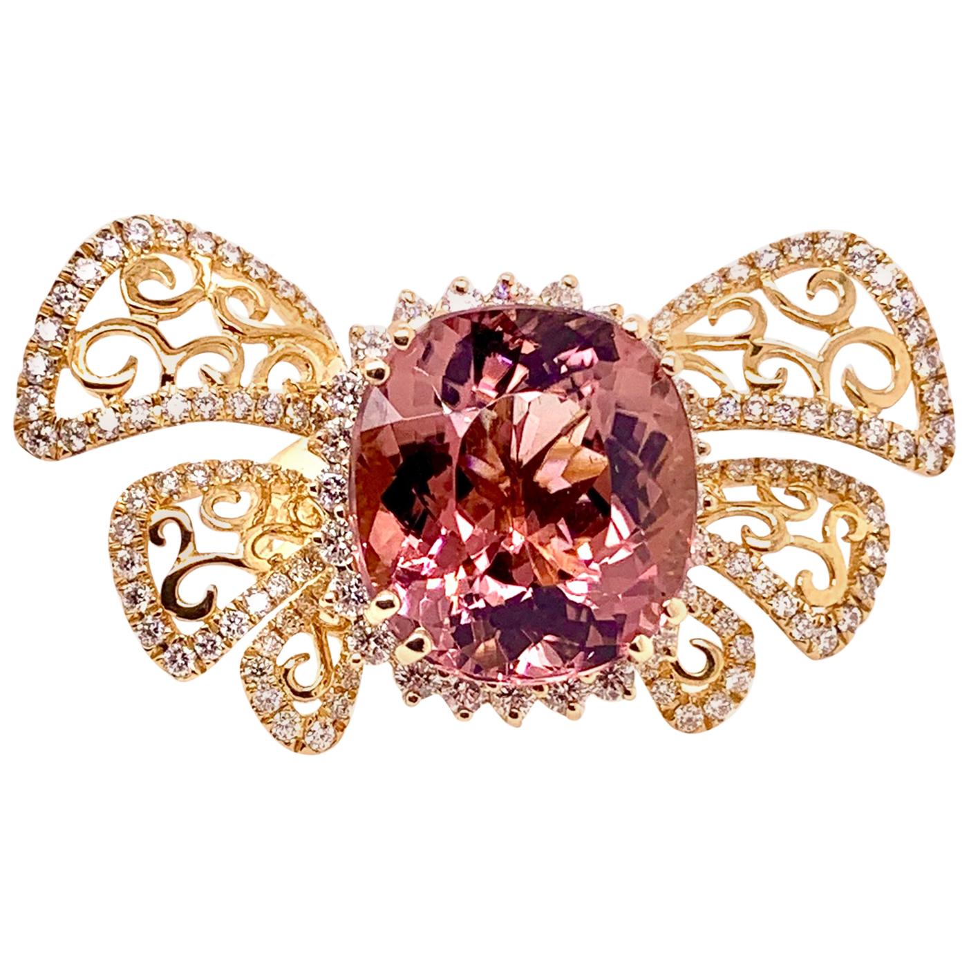 Pink Tourmaline Butterfly Style Diamond Ring For Sale