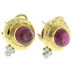 Pink Tourmaline Cabochon and Diamond Hammered Finish Earrings