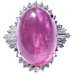 Pink Tourmaline Cabochon and Diamond Platinum Ring