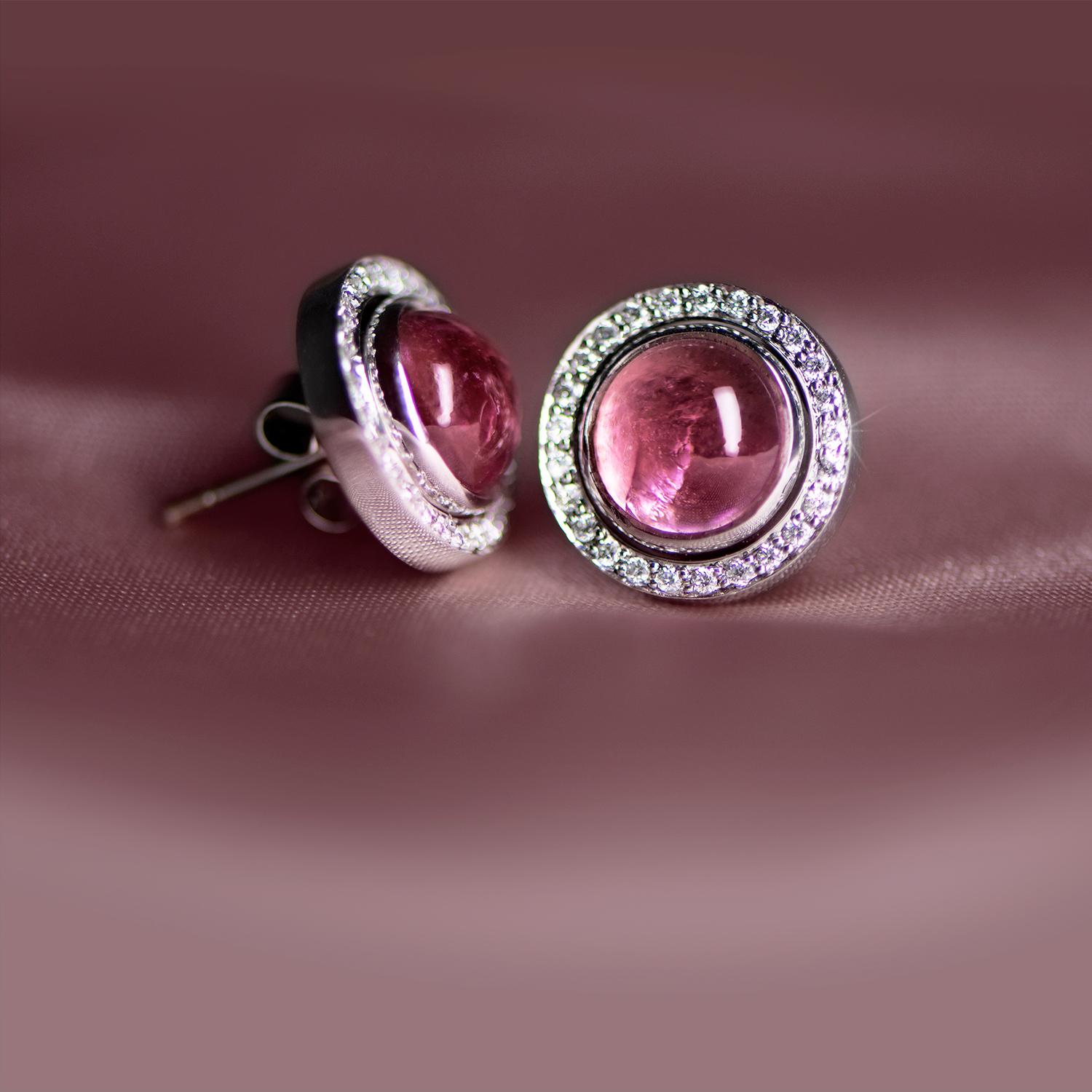 These Pink Tourmaline Cabochon and Diamond stud earrings are really versatile as the diamond surround can be removed to reveal only the pink tourmaline cabochon stud earrings. One discreet option for day wear and a dazzling evening option. All with