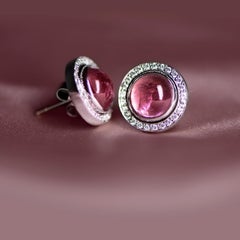Pink Tourmaline Cabochon Diamond 9 Karat White Gold Stud Earrings Natalie Barney