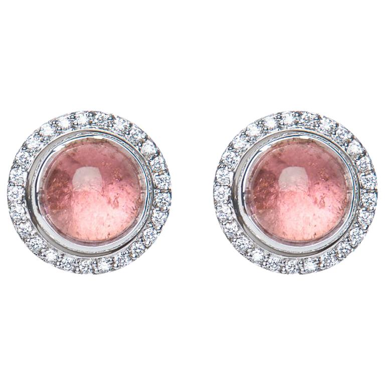 Pink Tourmaline Cabochon Diamond 9 Karat White Gold Stud Earrings Natalie Barney For Sale