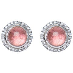 Pink Tourmaline Cabochon Diamond 9 Karat White Gold Stud Earrings Natalie Barney