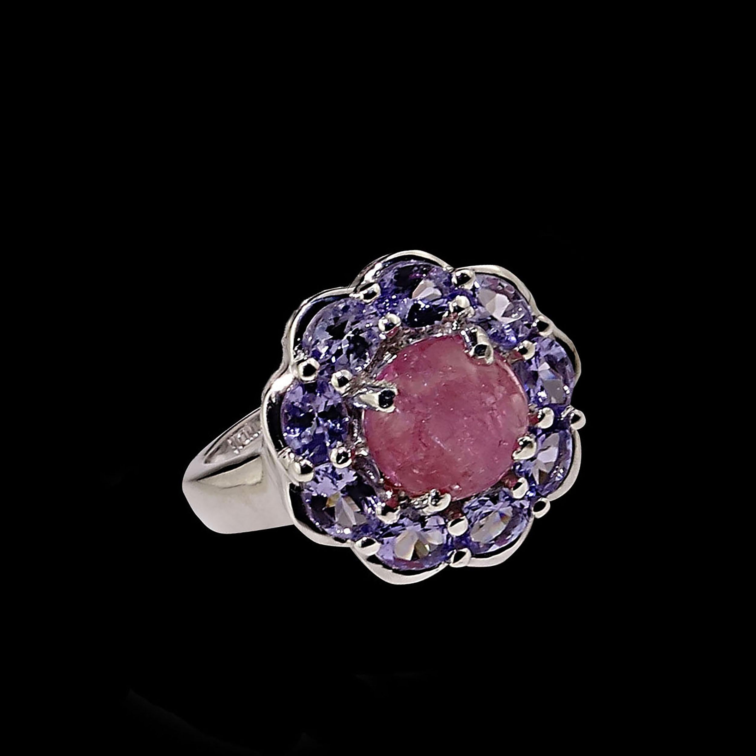 AJD Pink Tourmaline Cabochon in Tanzanite Halo Sterling Silver Ring In New Condition In Raleigh, NC