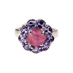 AJD Pink Tourmaline Cabochon in Tanzanite Halo Sterling Silver Ring