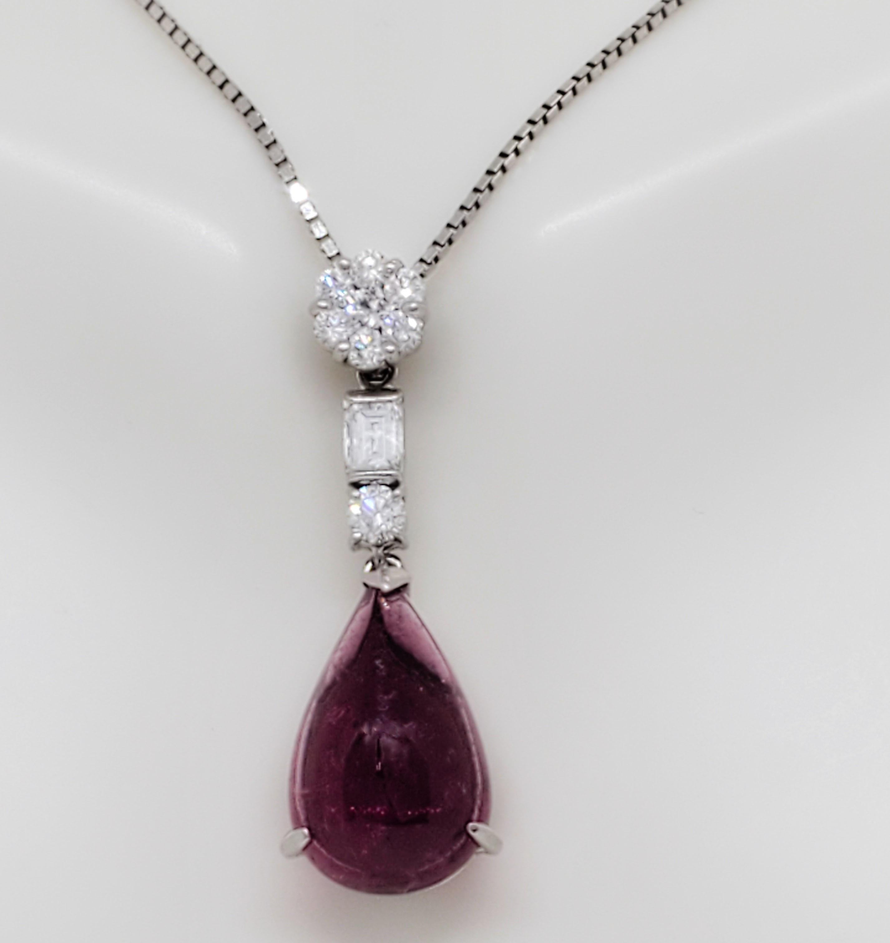 Pear Cut Pink Tourmaline Cabochon Pear and Diamond Pendant Necklace in Platinum
