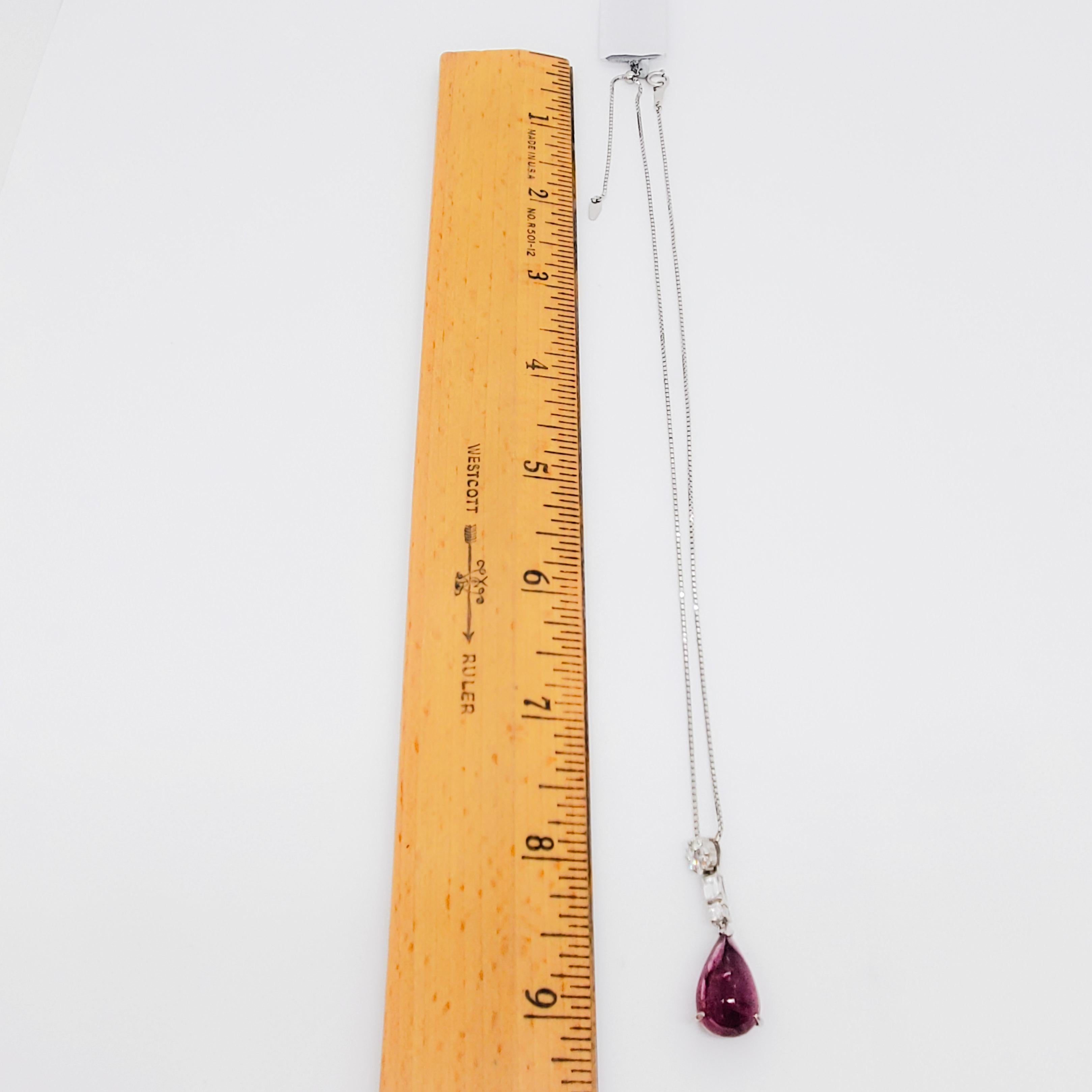 Pink Tourmaline Cabochon Pear and Diamond Pendant Necklace in Platinum In New Condition In Los Angeles, CA