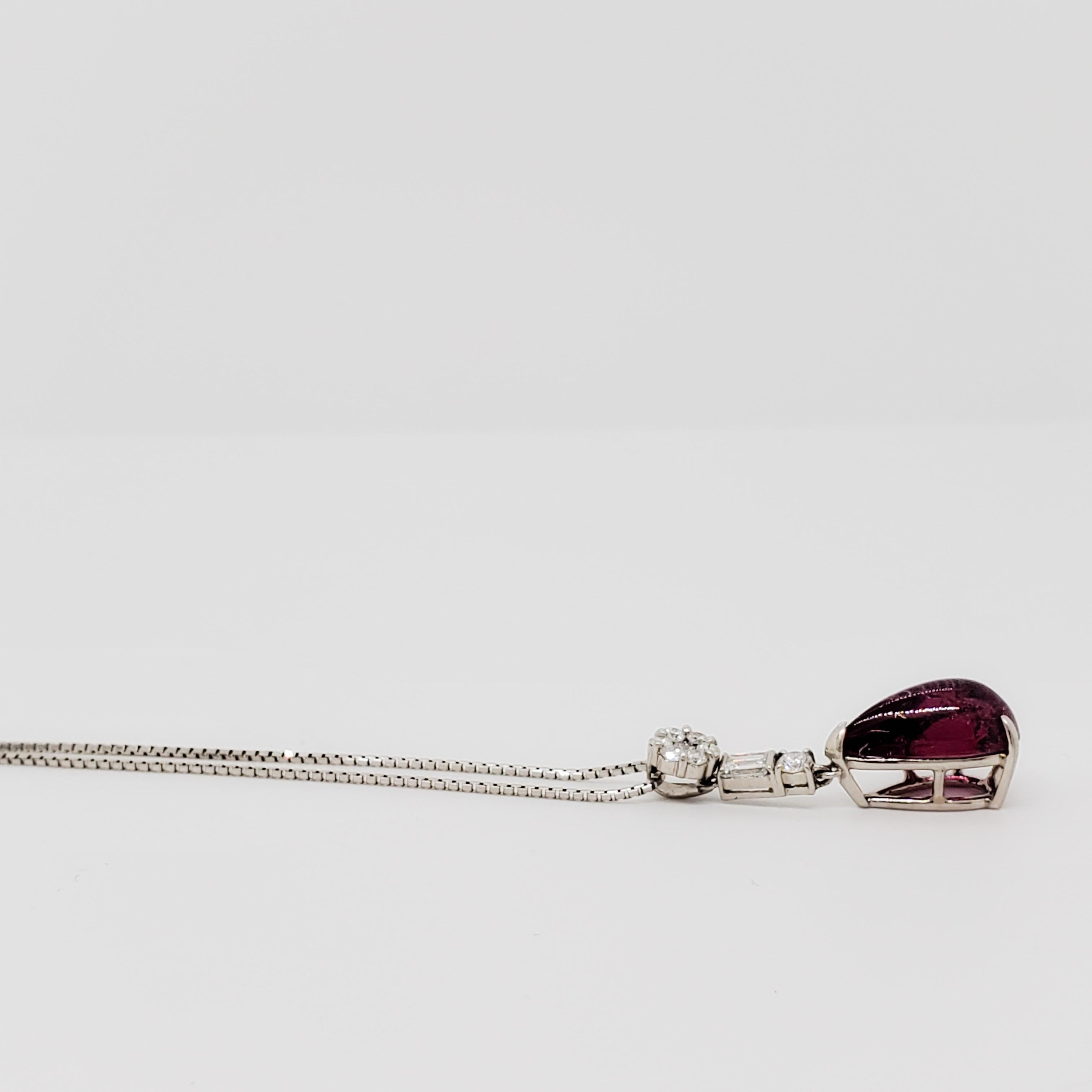 Pink Tourmaline Cabochon Pear and Diamond Pendant Necklace in Platinum 1