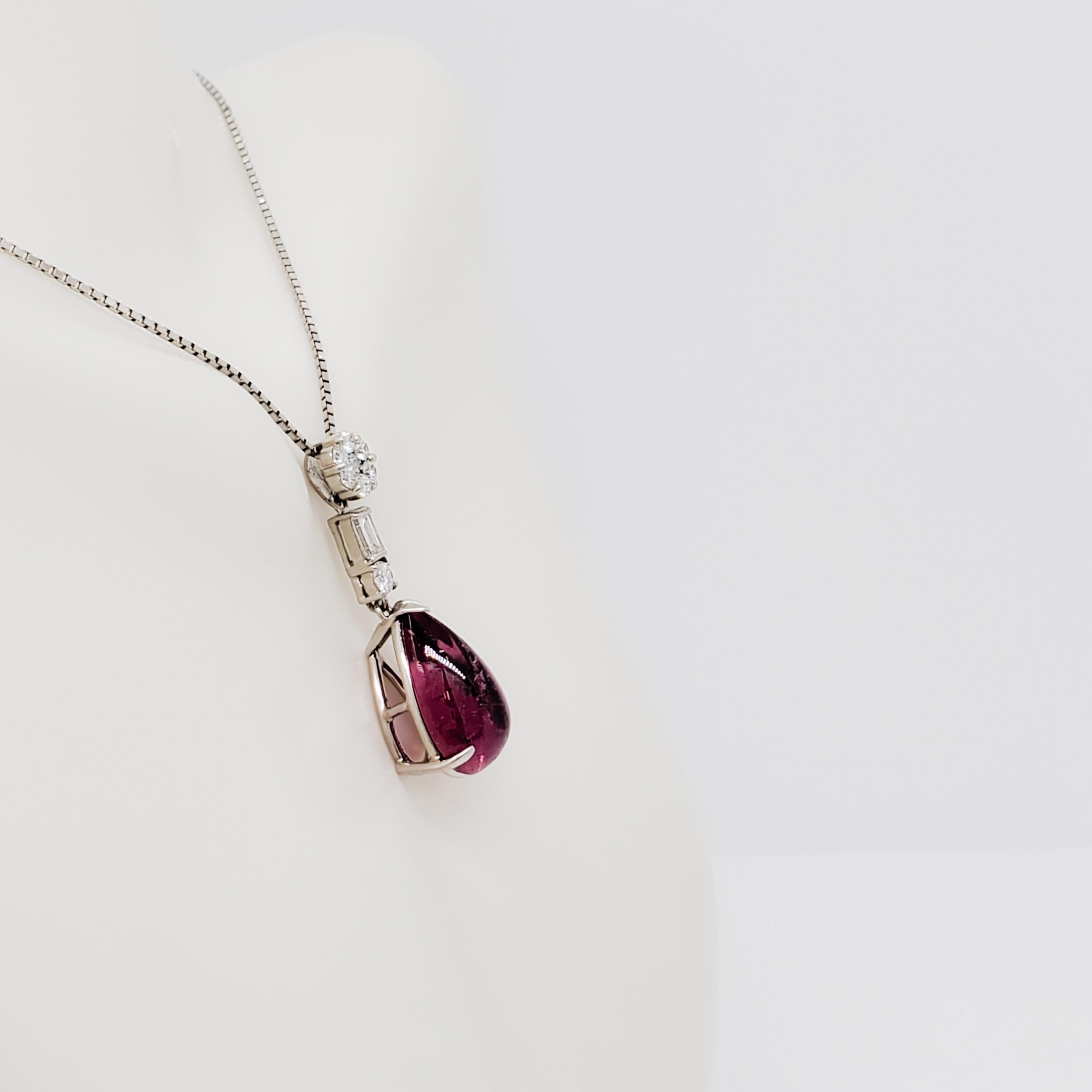 Pink Tourmaline Cabochon Pear and Diamond Pendant Necklace in Platinum 2