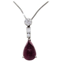Pink Tourmaline Cabochon Pear and Diamond Pendant Necklace in Platinum
