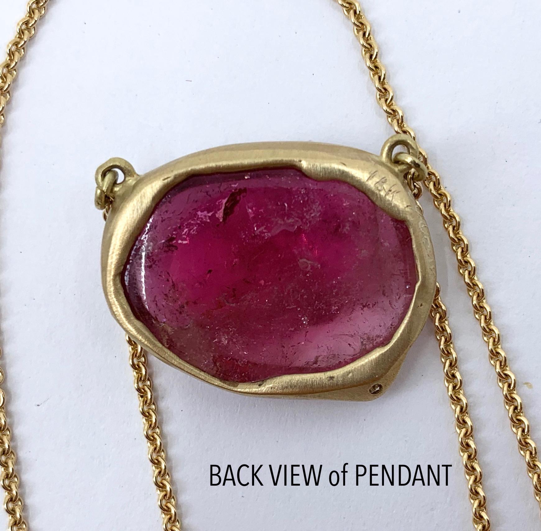Pink Tourmaline Cabochon Pendant in Yellow Gold with Diamond Accent on Chain 3