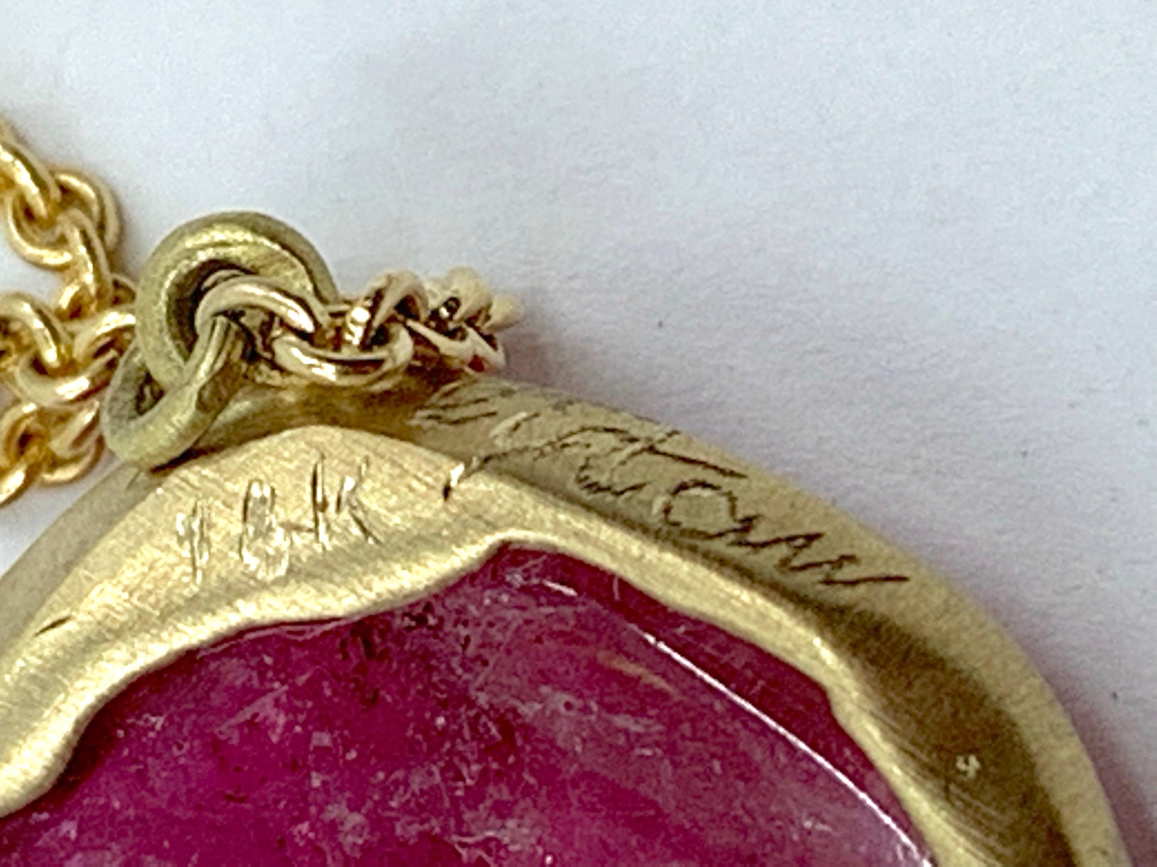 Pink Tourmaline Cabochon Pendant in Yellow Gold with Diamond Accent on Chain 4