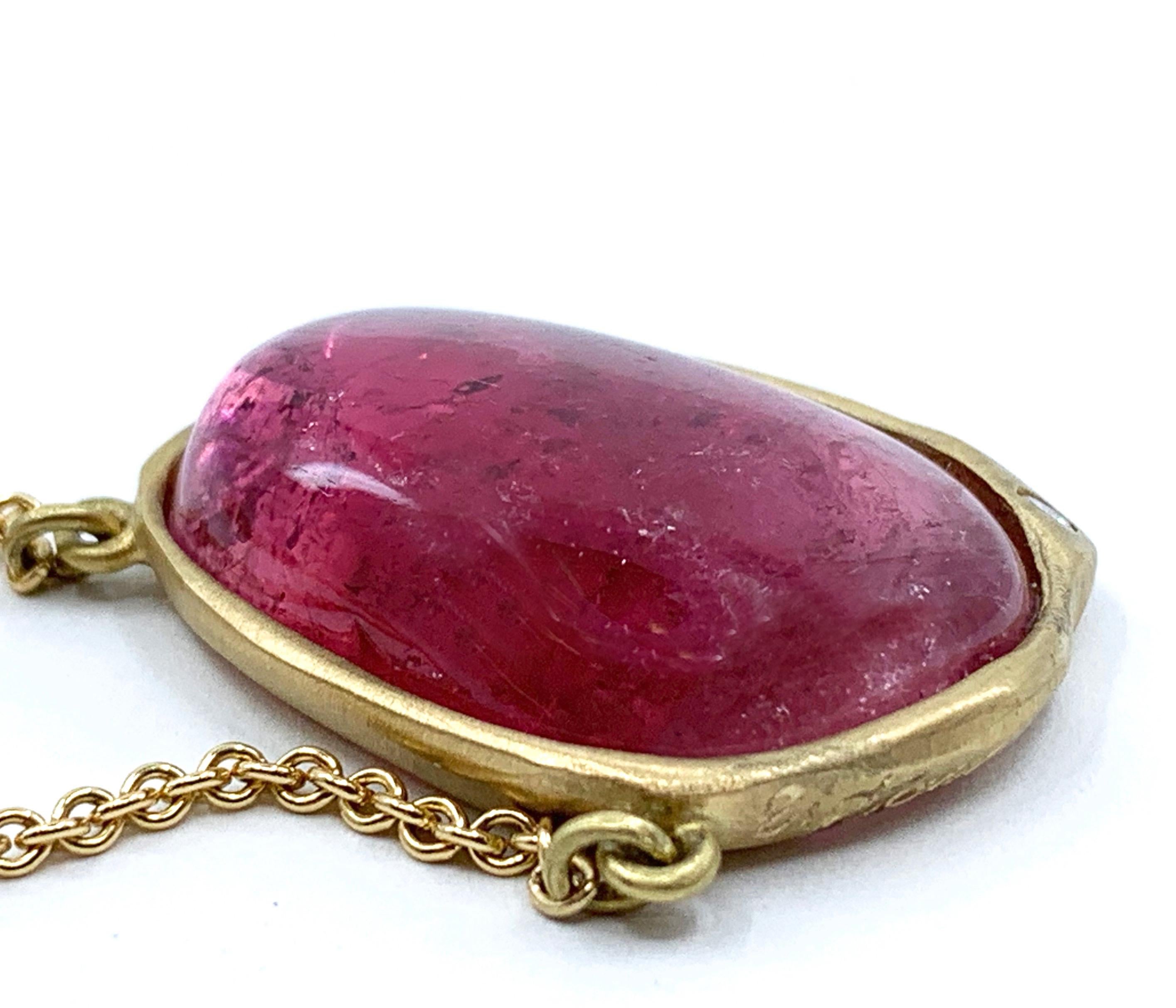 Pink Tourmaline Cabochon Pendant in Yellow Gold with Diamond Accent on Chain In New Condition In Sherman Oaks, CA