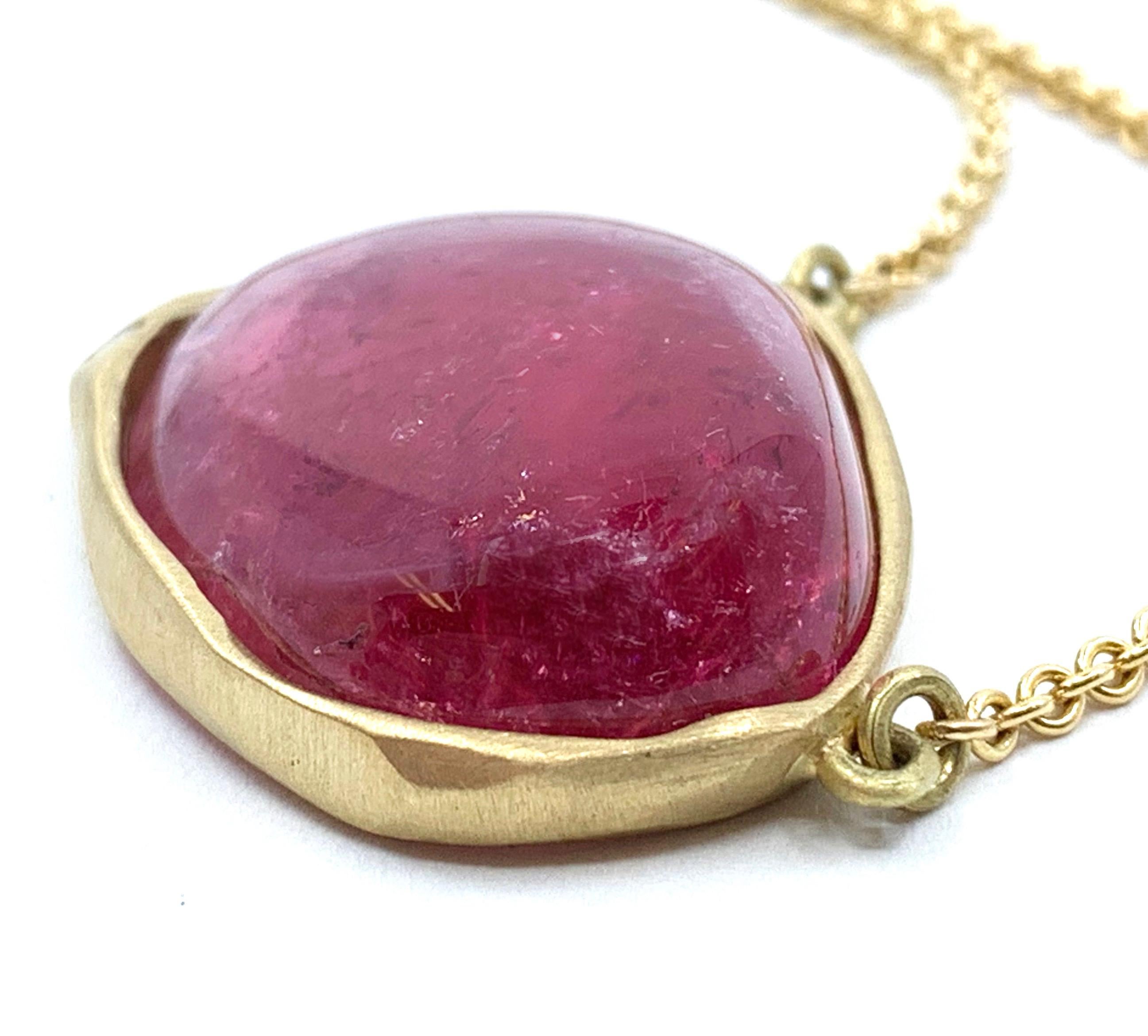 Women's or Men's Pink Tourmaline Cabochon Pendant in Yellow Gold with Diamond Accent on Chain