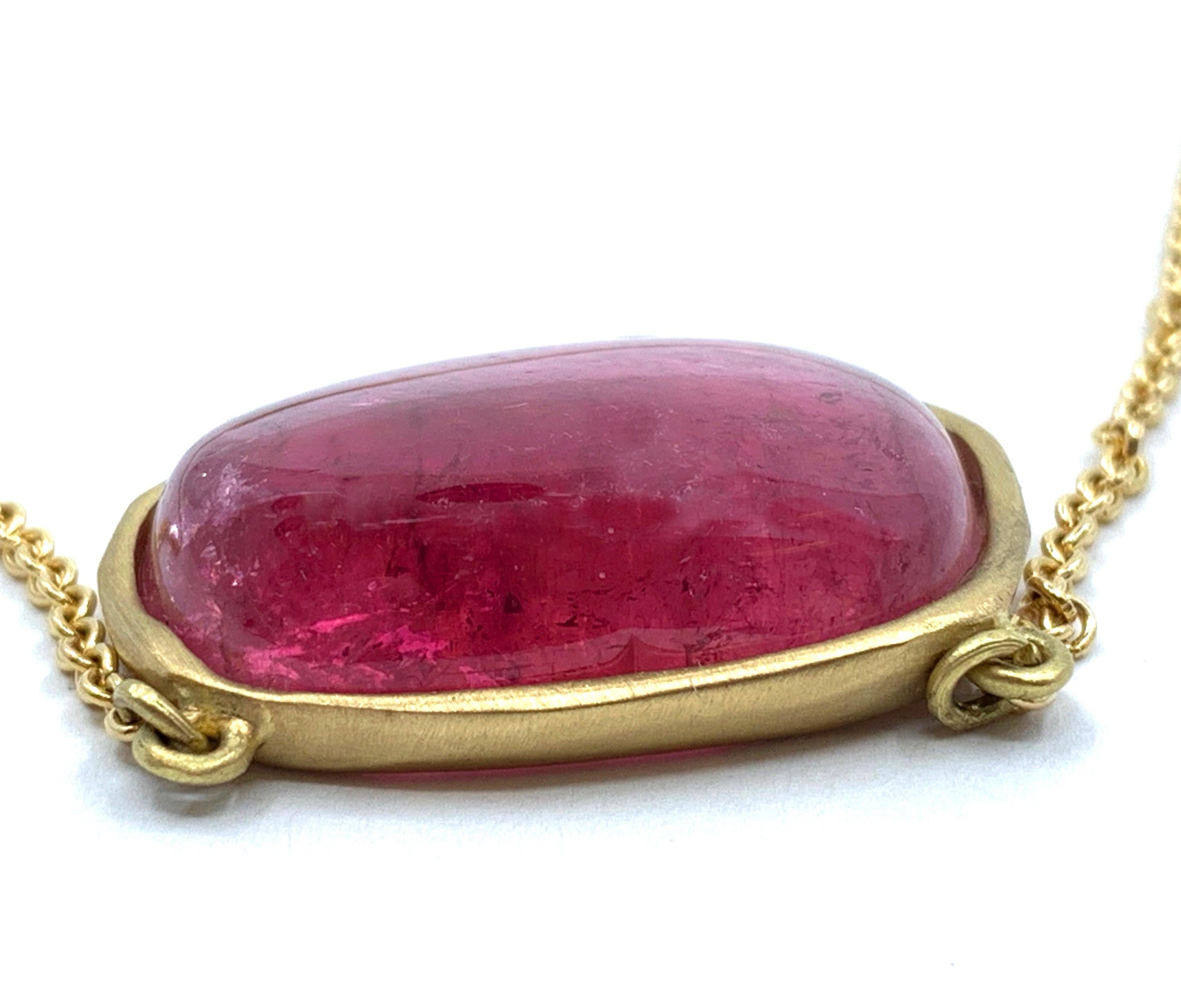 Pink Tourmaline Cabochon Pendant in Yellow Gold with Diamond Accent on Chain 1