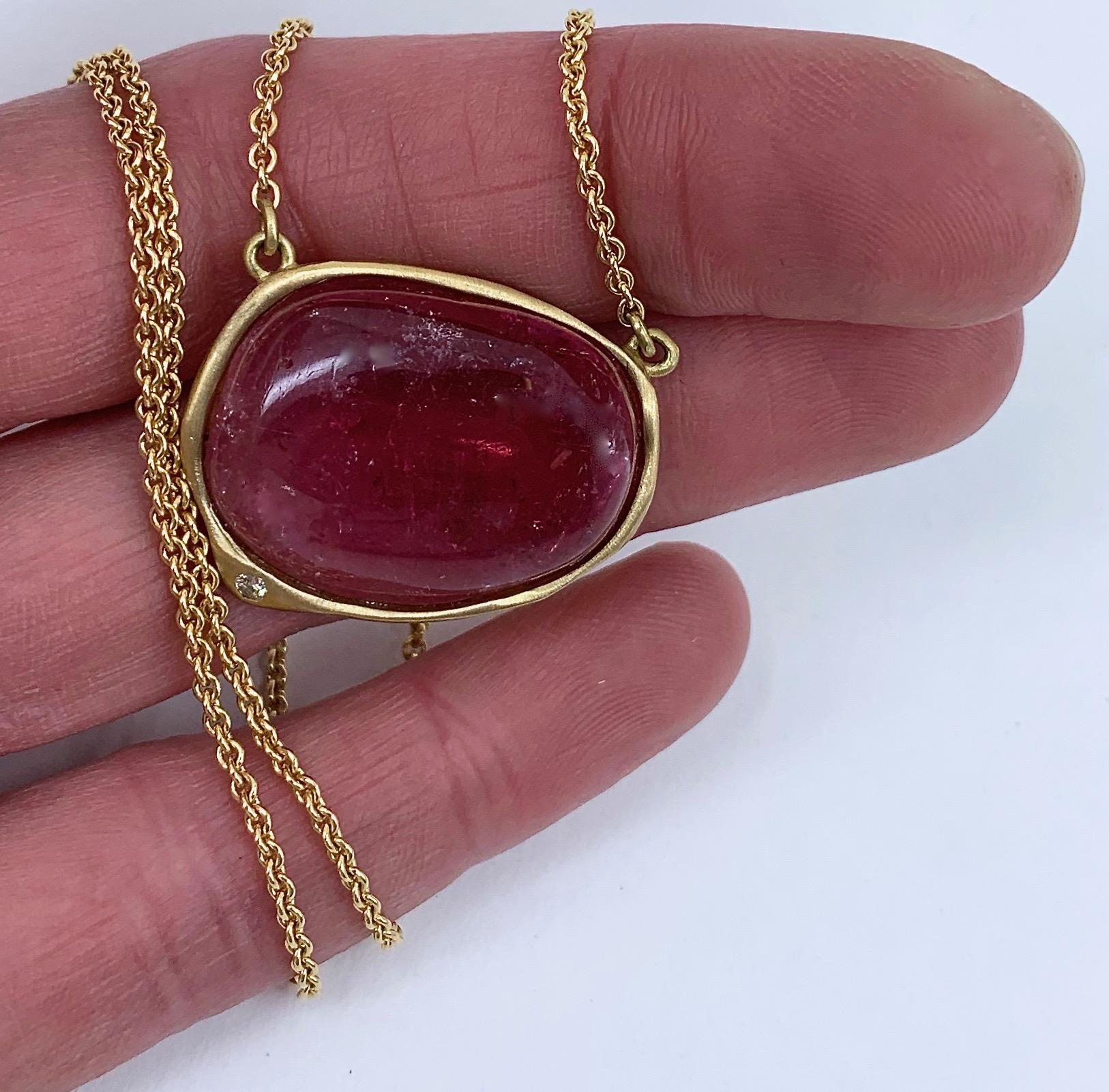 Pink Tourmaline Cabochon Pendant in Yellow Gold with Diamond Accent on Chain 2