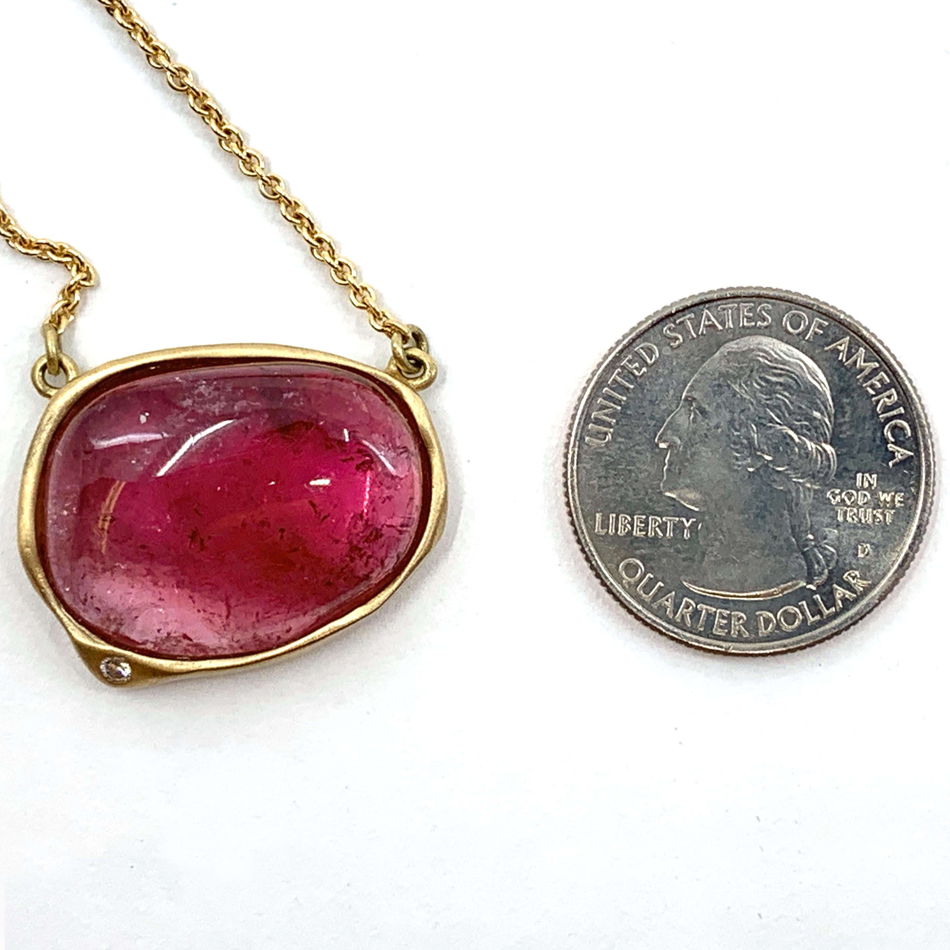 Pink Tourmaline Cabochon Pendant in Yellow Gold with Diamond Accent on Chain 5