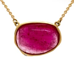 Pink Tourmaline Cabochon Pendant in Yellow Gold with Diamond Accent on Chain