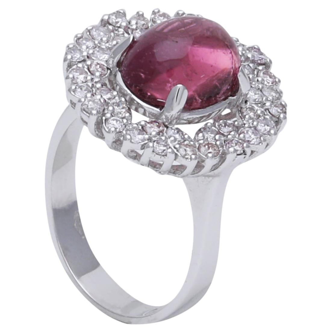 Pink Tourmaline Cabochon Ring with Diamonds Set in 18 Karat White Gold