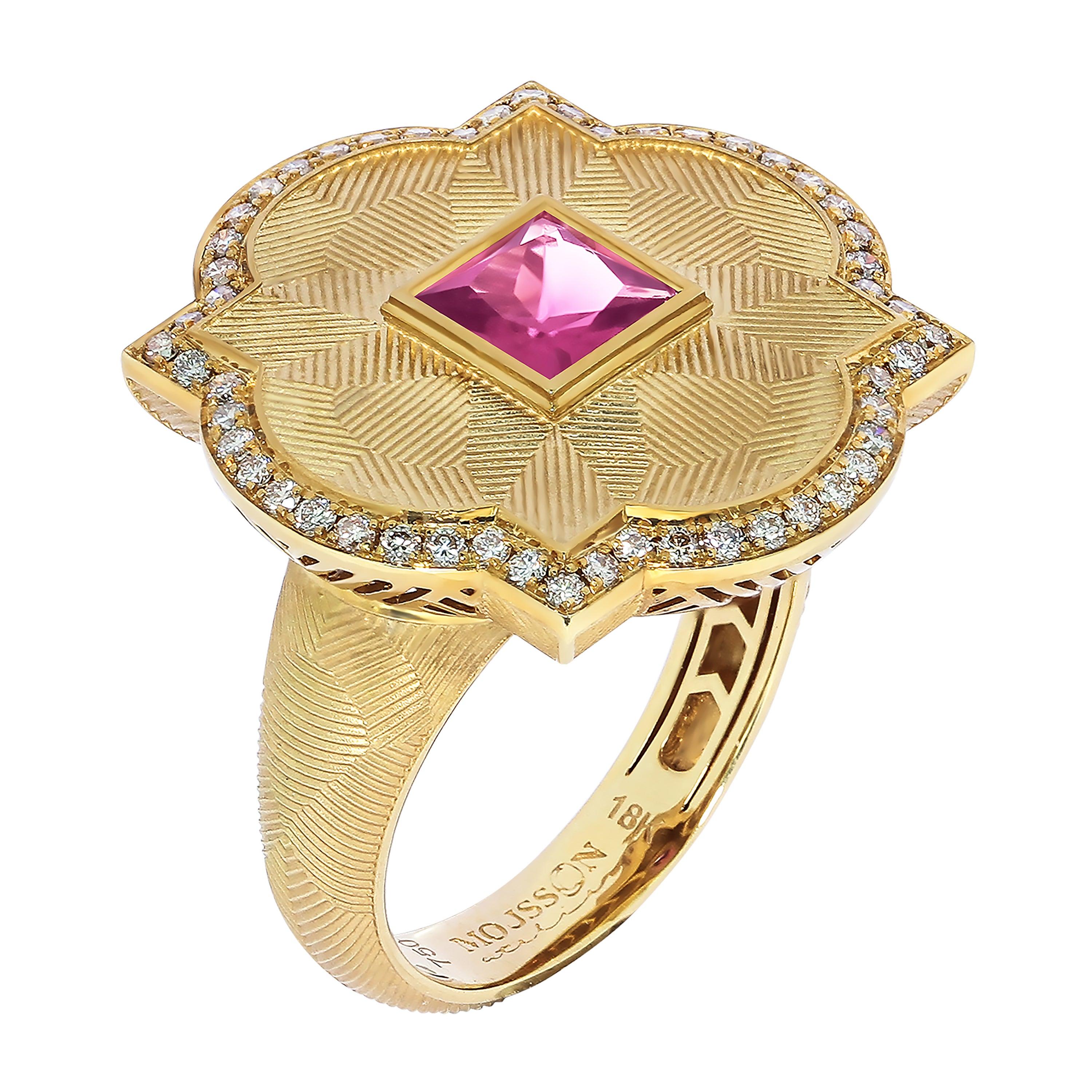 For Sale:  Pink Tourmaline Champagne Diamonds 18 Karat Yellow Gold Tweed Ring 2