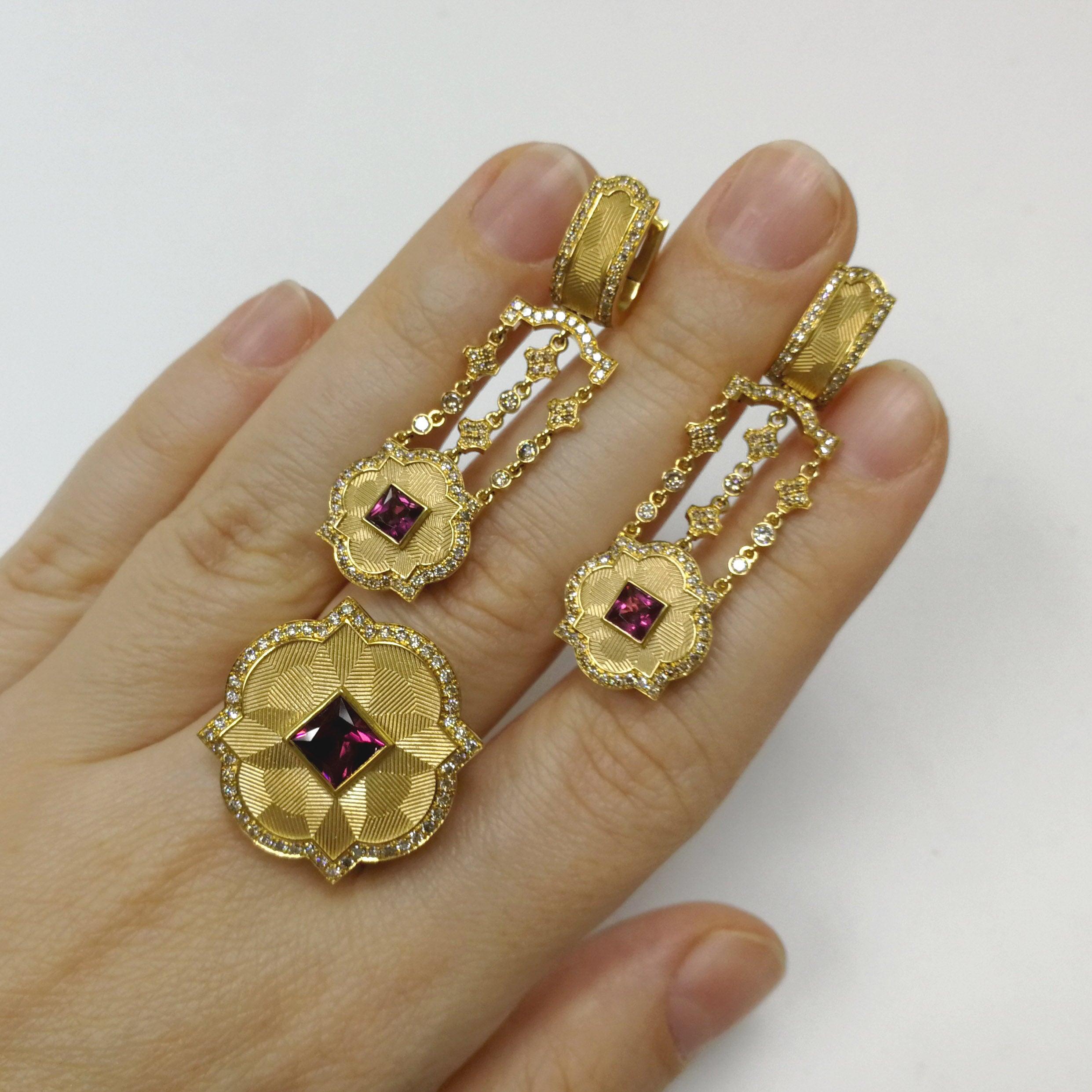 Pink Tourmaline Champagne Diamonds 18 Karat Yellow Gold Tweed Suite 2