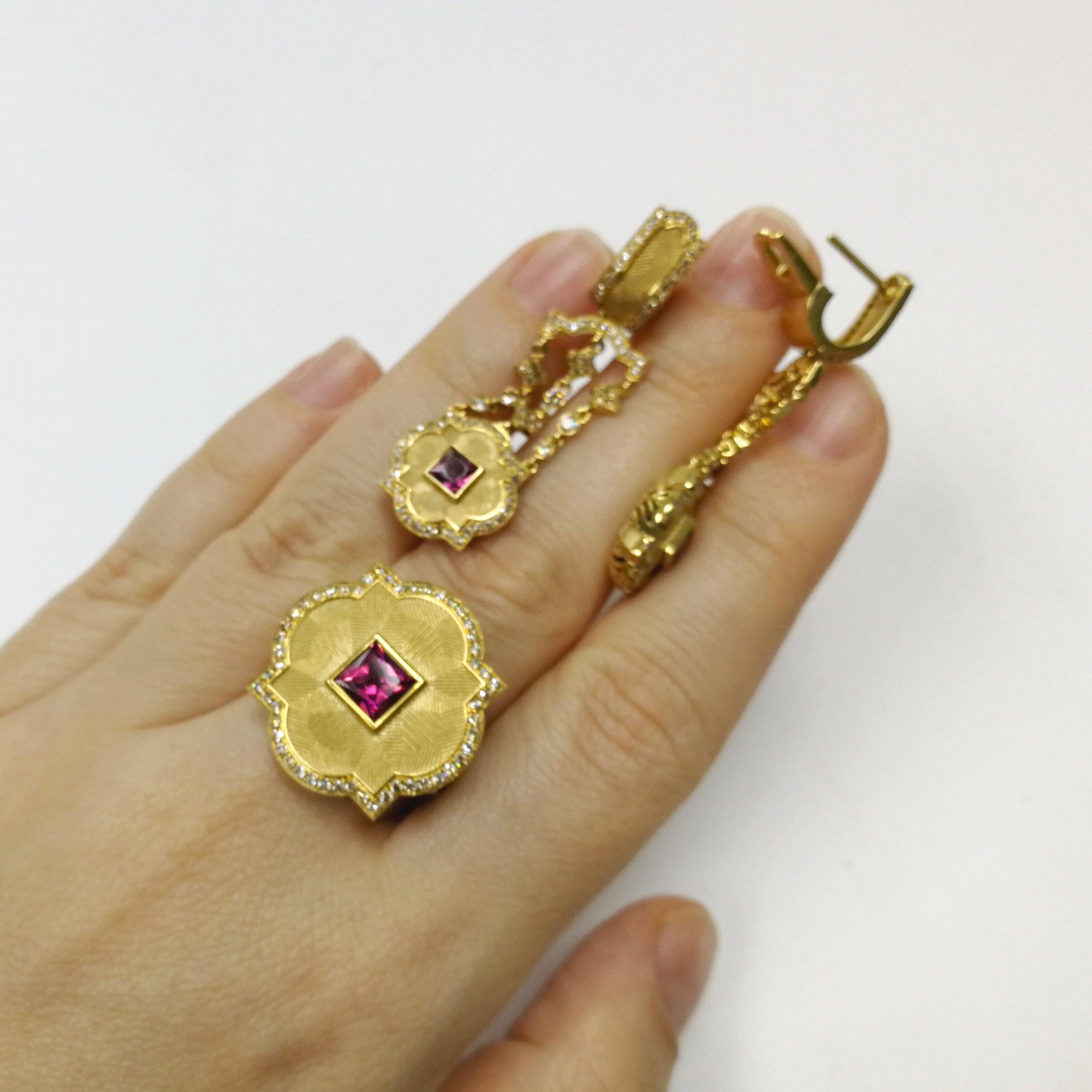 Pink Tourmaline Champagne Diamonds 18 Karat Yellow Gold Tweed Suite 4