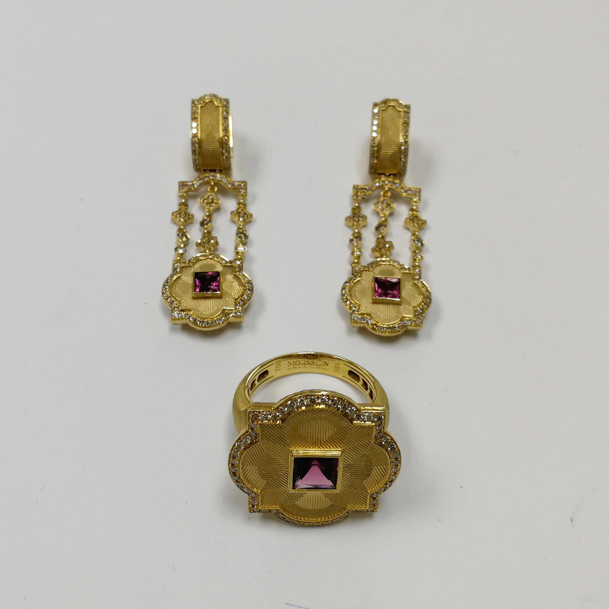 Pink Tourmaline Champagne Diamonds 18 Karat Yellow Gold Tweed Suite 6