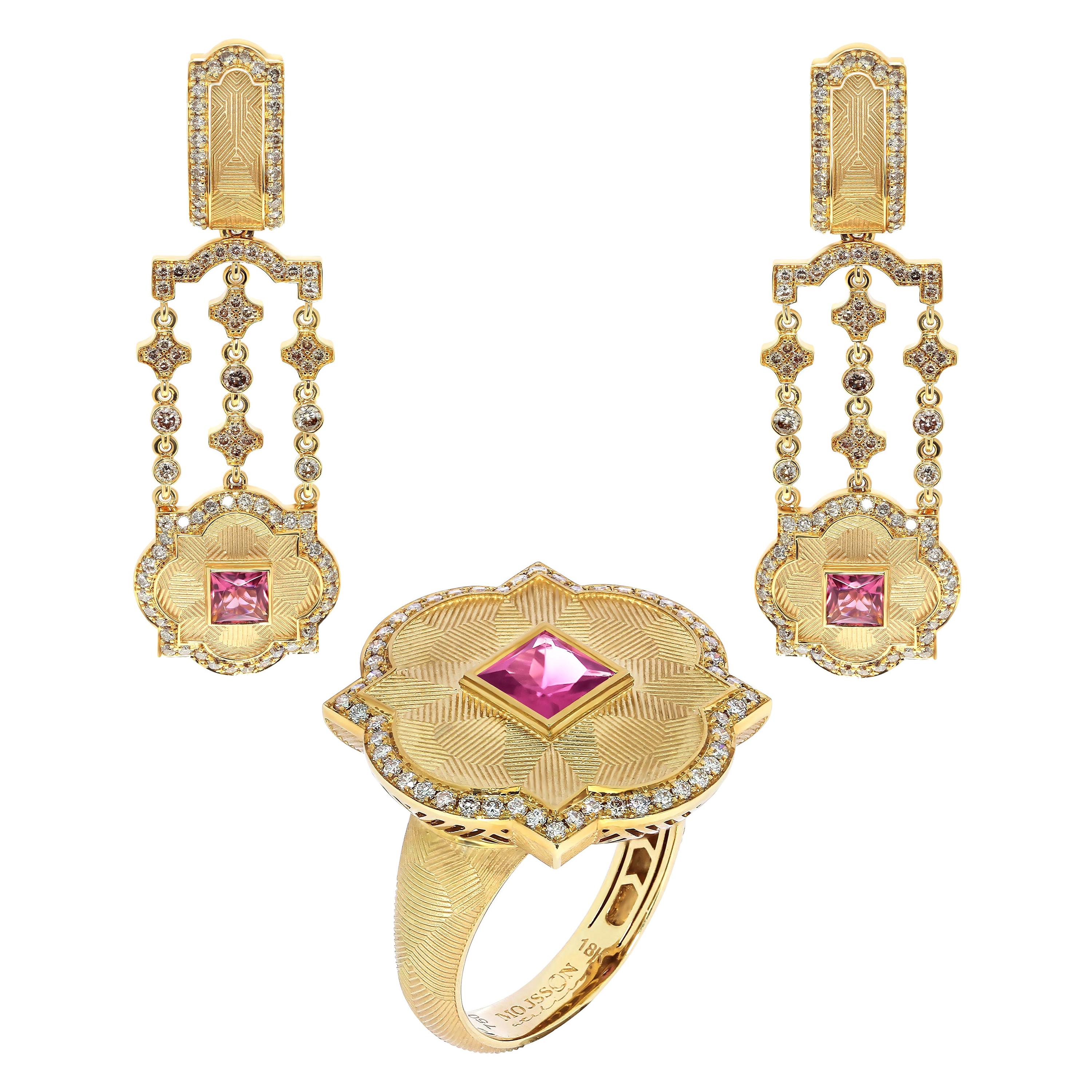 Pink Tourmaline Champagne Diamonds 18 Karat Yellow Gold Tweed Suite