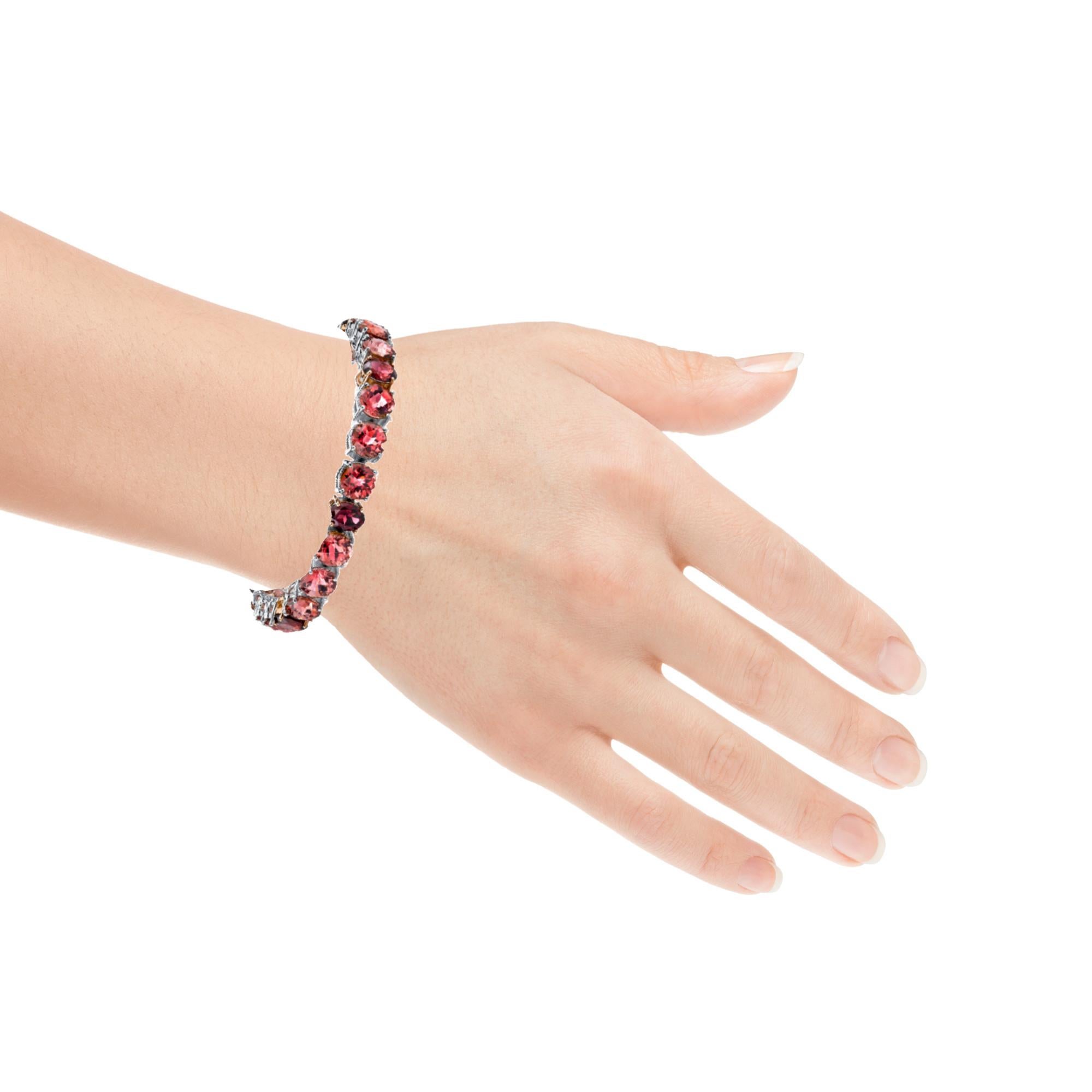 Artisan Pink Tourmaline Checkerboard and Garnet Tennis Bracelet in Rose and White Gold