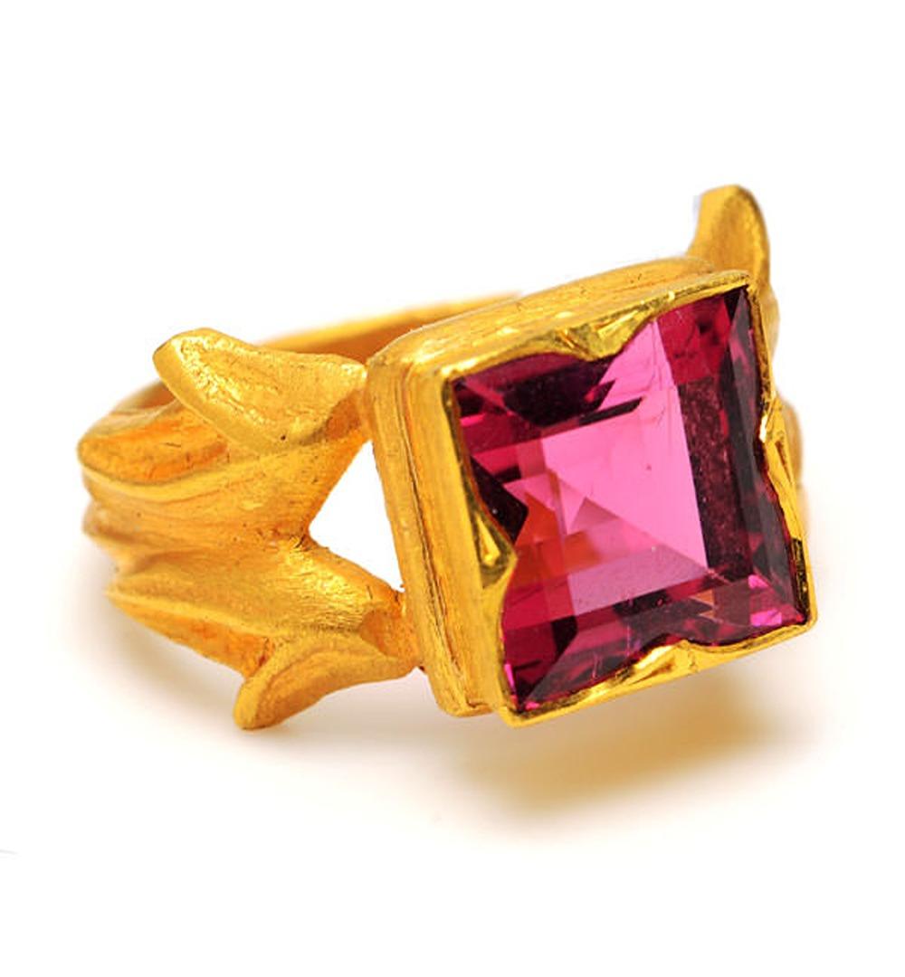 Princess Cut Pink Tourmaline Cocktail Ring Made in 22k Gold For Sale