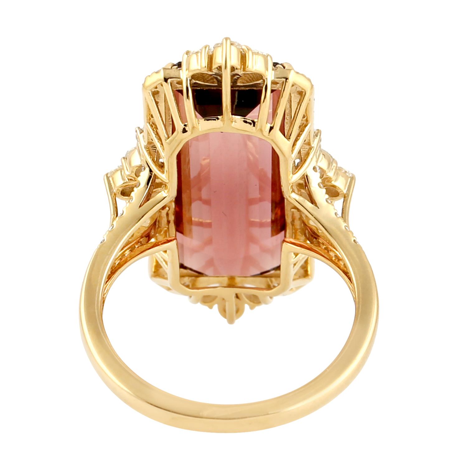 Mixed Cut Pink Tourmaline Cocktail Ring Wth Diamonds Made in 18k Yellow Gold For Sale