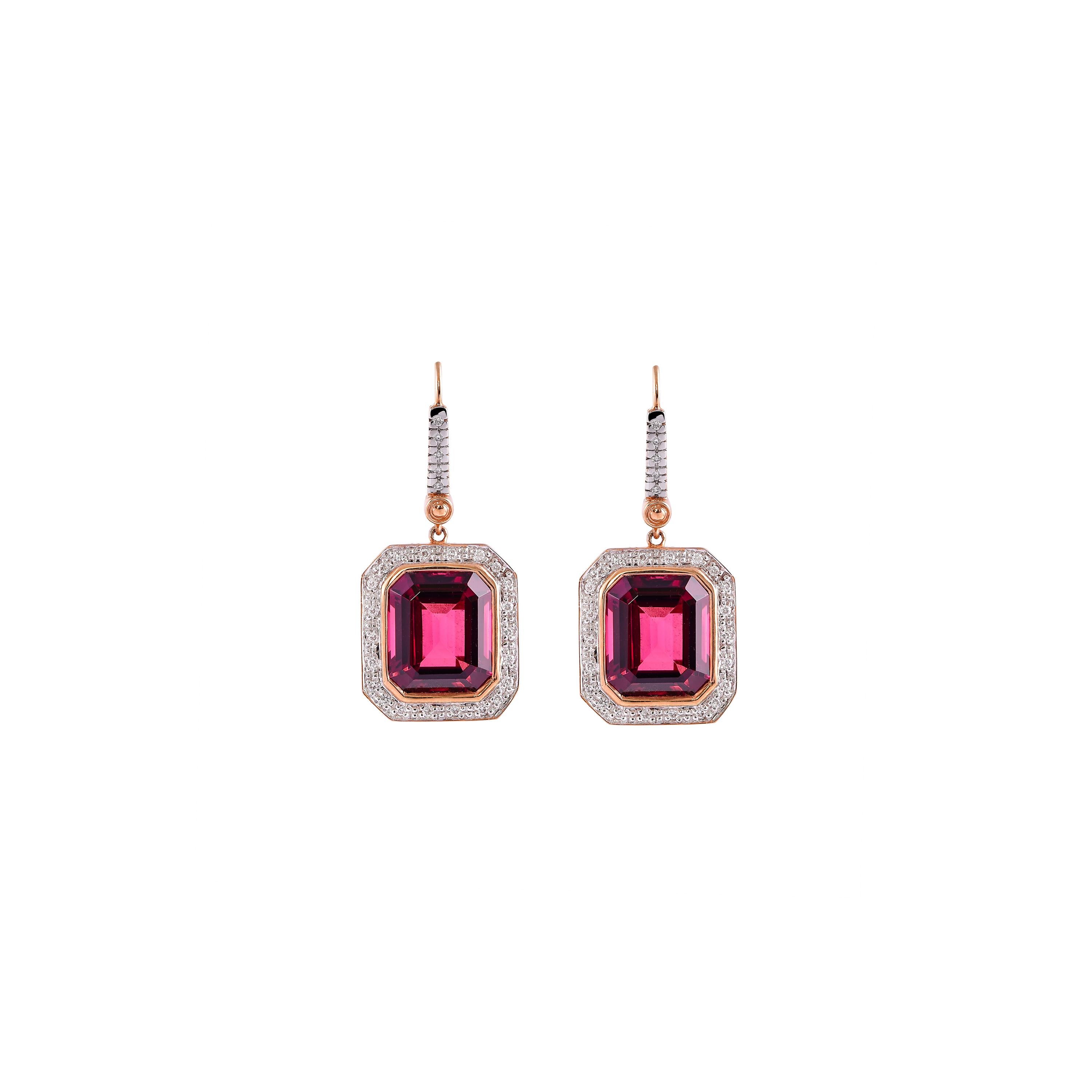 An exclusive collection of designer and unique dangle earrings by Sunita Nahata Fine Design. 

Pink Tourmaline Dangle Earring in 14 Karat Rose Gold.

Pink Tourmaline: 11.00 carat, 12X10 Size, Octagon Shape.
Diamond: 0.243 carat, 1.00 Size, Round
